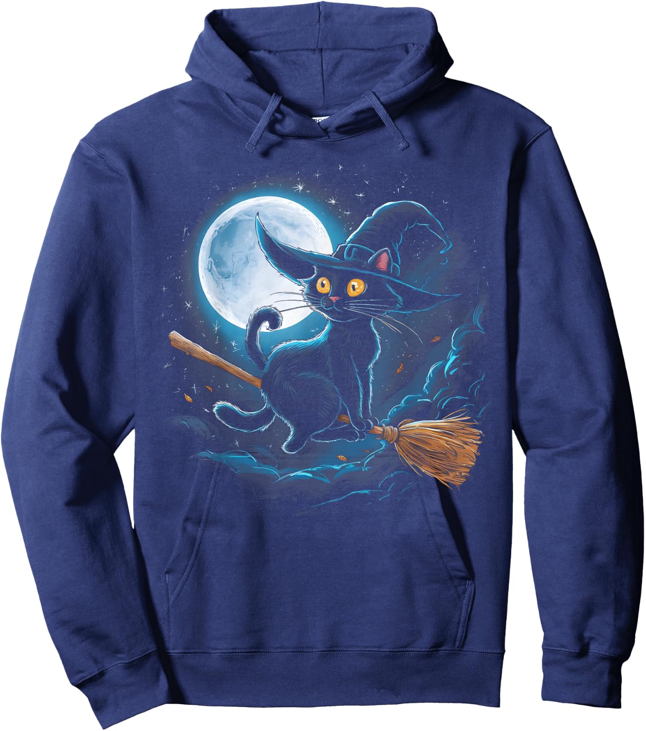 Witchy Black Cat on a Broomstick with Full Moon Halloween Women Kids Hoodie - Hoodie | Navy