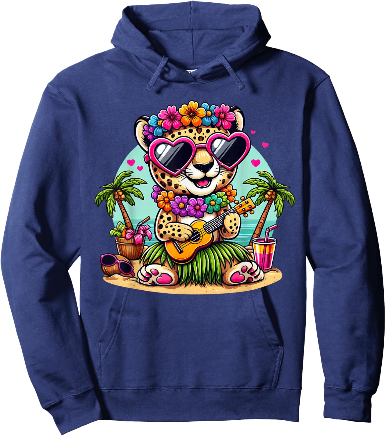 Funny Cheetah Hawaiian Costume Kids Summer Vacation Cheetah Hoodie - Hoodie | Navy