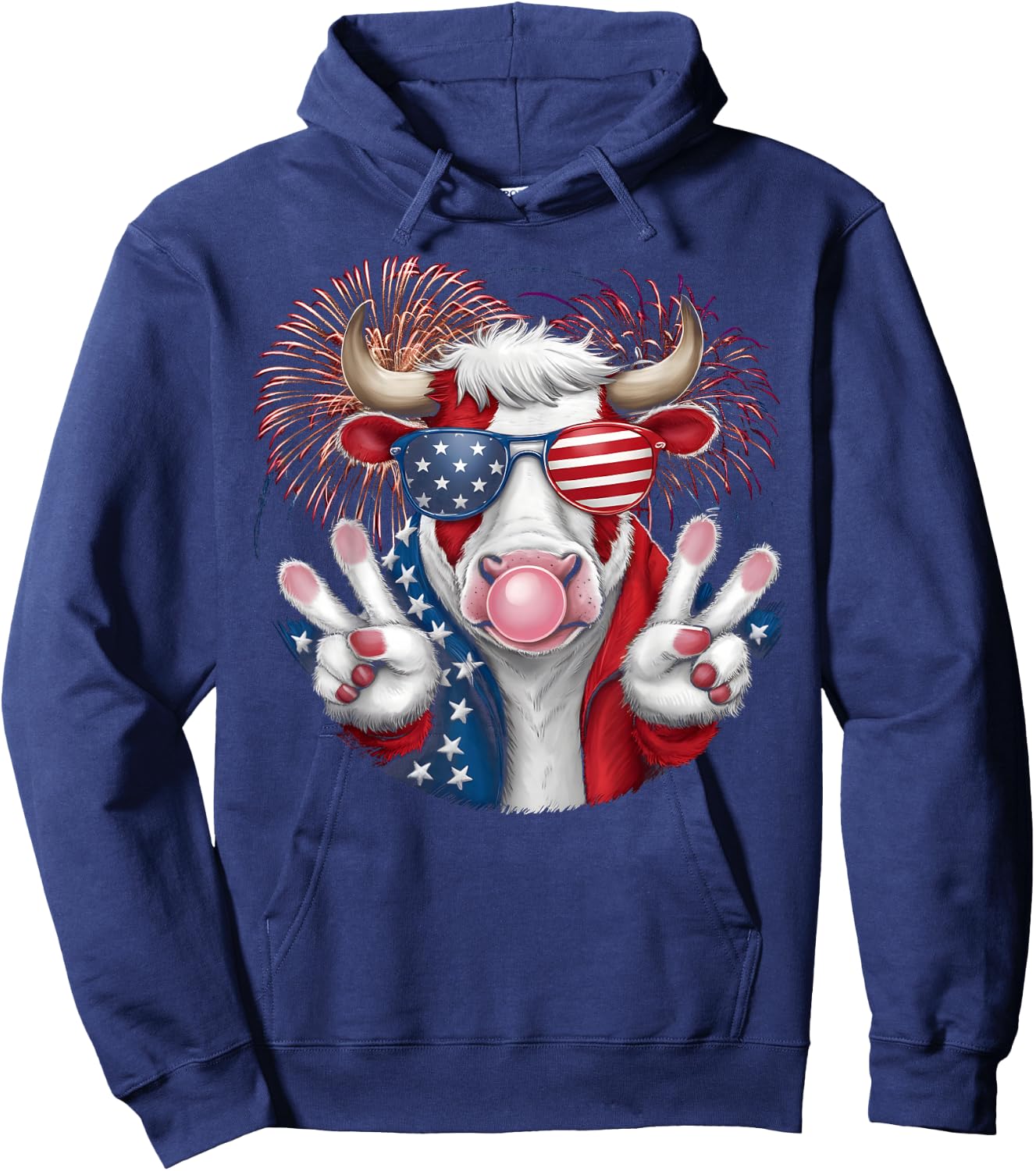 Fourth of July Firework Bull cow Patriotic American Flag Hoodie - Hoodie | Navy