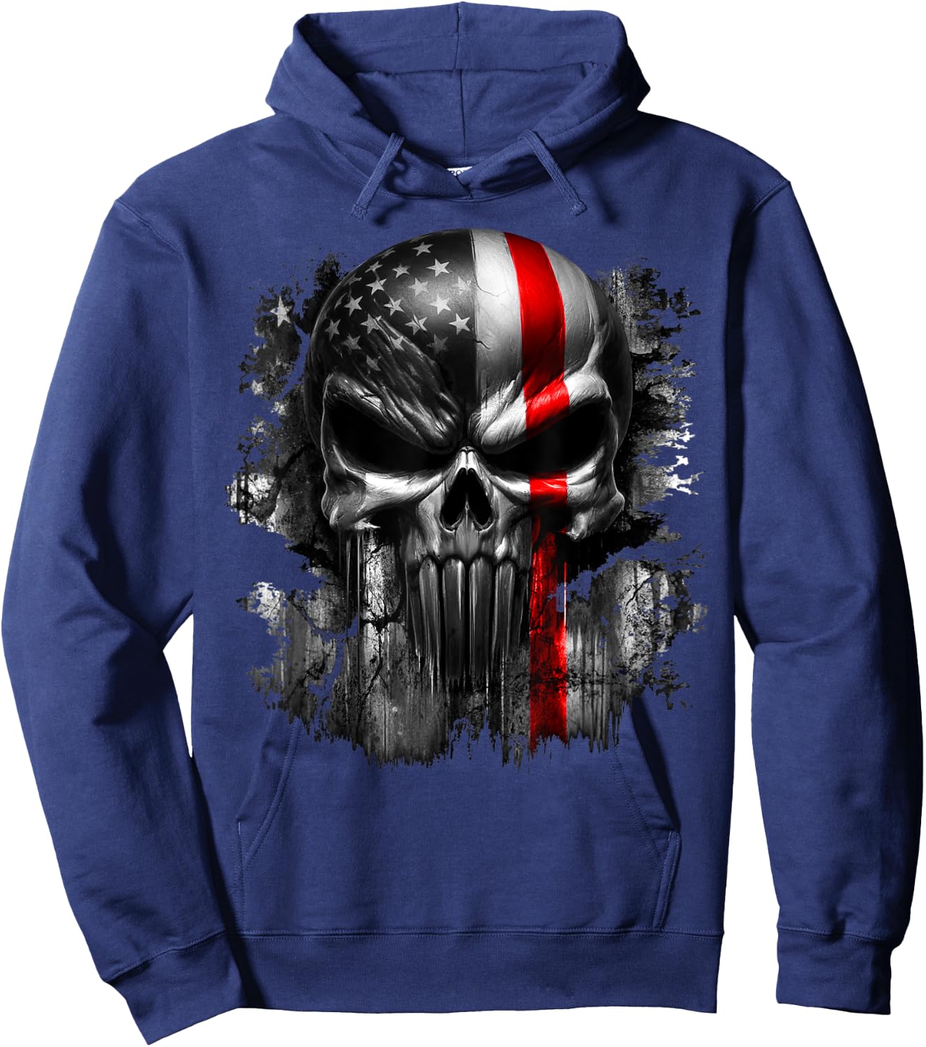 USA American Skull Patriotic Flag Red Line Grunge Graphic Hoodie - Hoodie | Navy