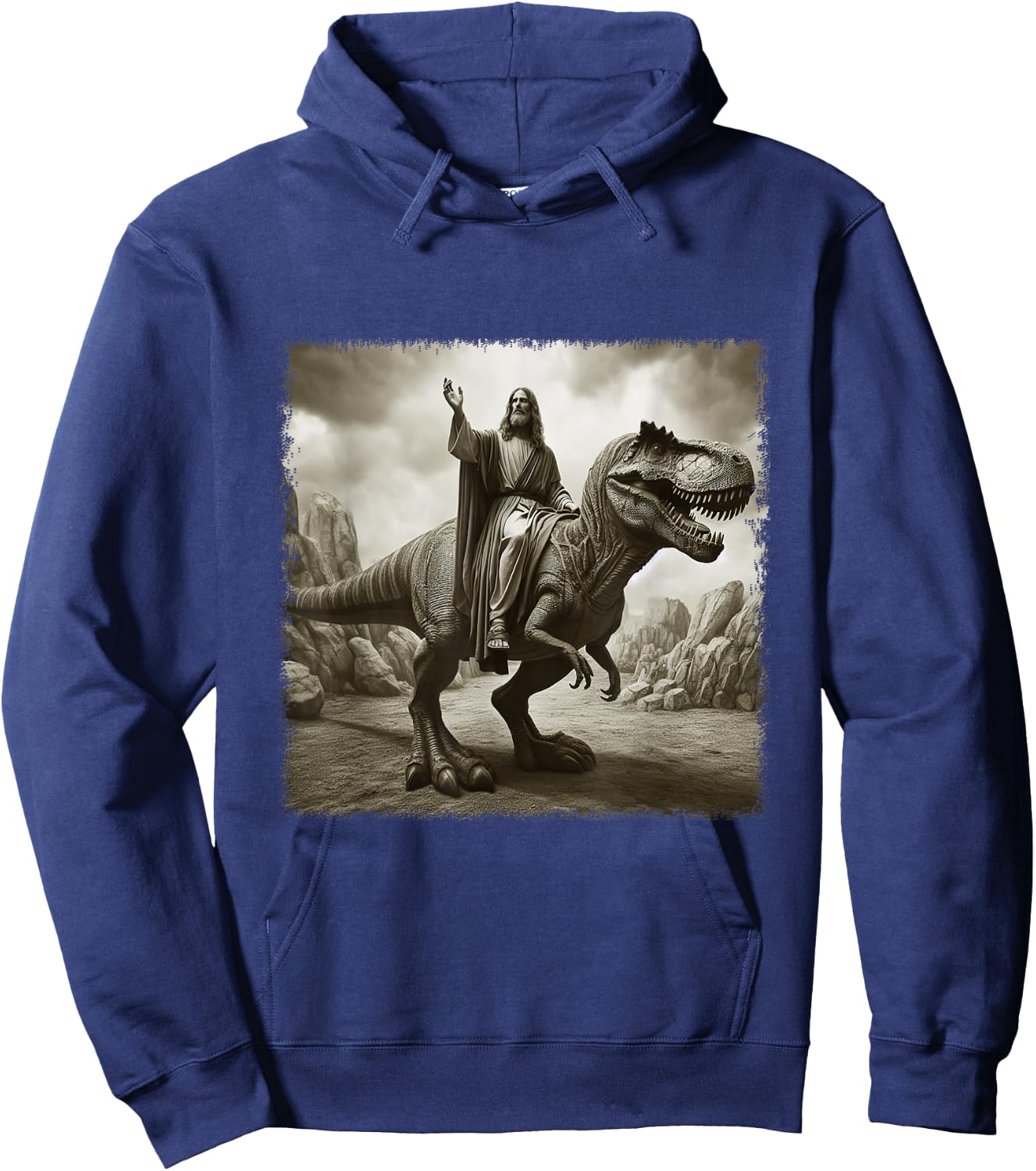 Vintage Jesus Riding T Rex Dinosaur Believers Christian Hoodie - Hoodie | Navy