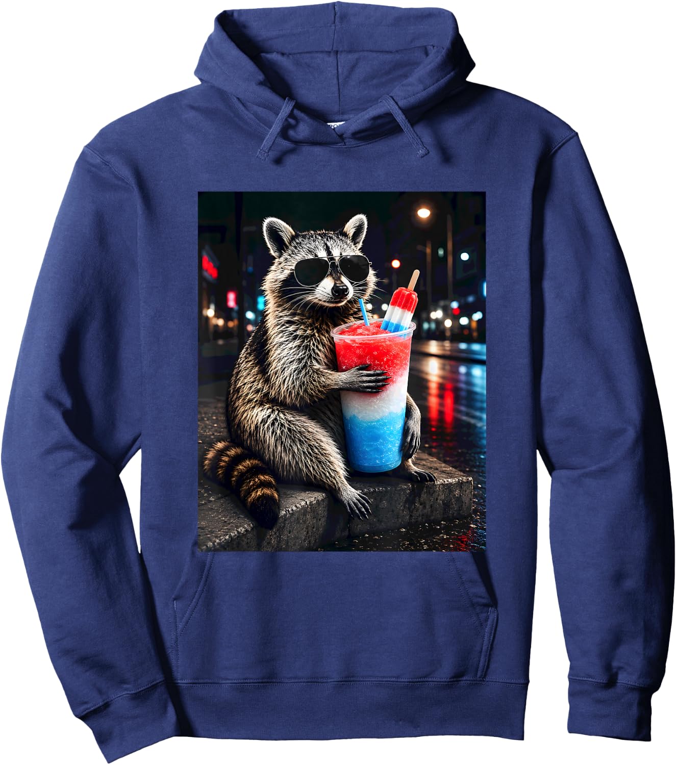 4th of July Raccoon Drinking Iced Cocktail Funny Animal Meme Hoodie - Hoodie | Navy