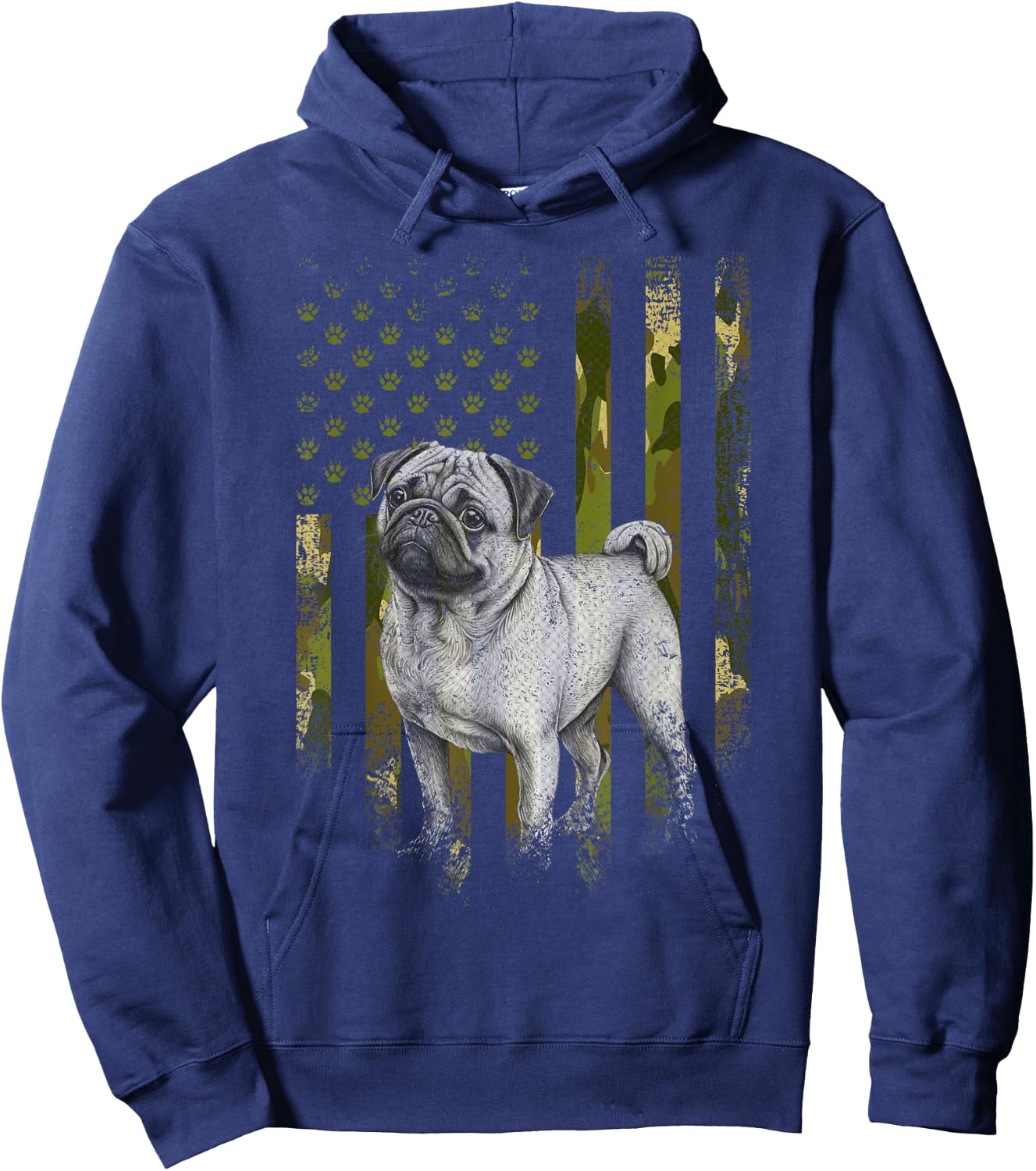 Vintage Camouflage USA Camo Flag Pug Dog 4th Of July Hoodie - Hoodie | Navy