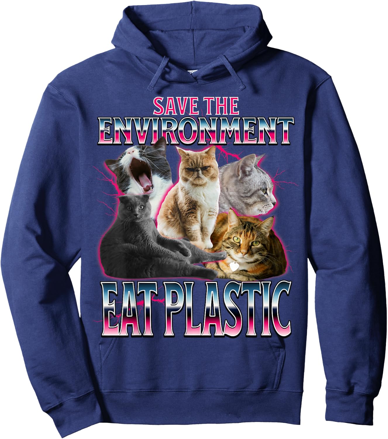 Save the Environment Eat Plastic Cute Funny Cat Meme Hoodie - Hoodie | Navy