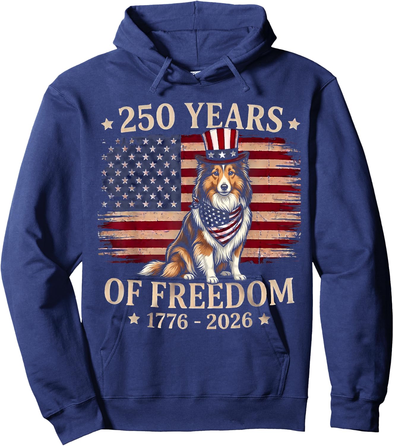 Shetland Sheepdog Dog 250 Years of Freedom USA Flag 4th July Hoodie - Hoodie | Navy
