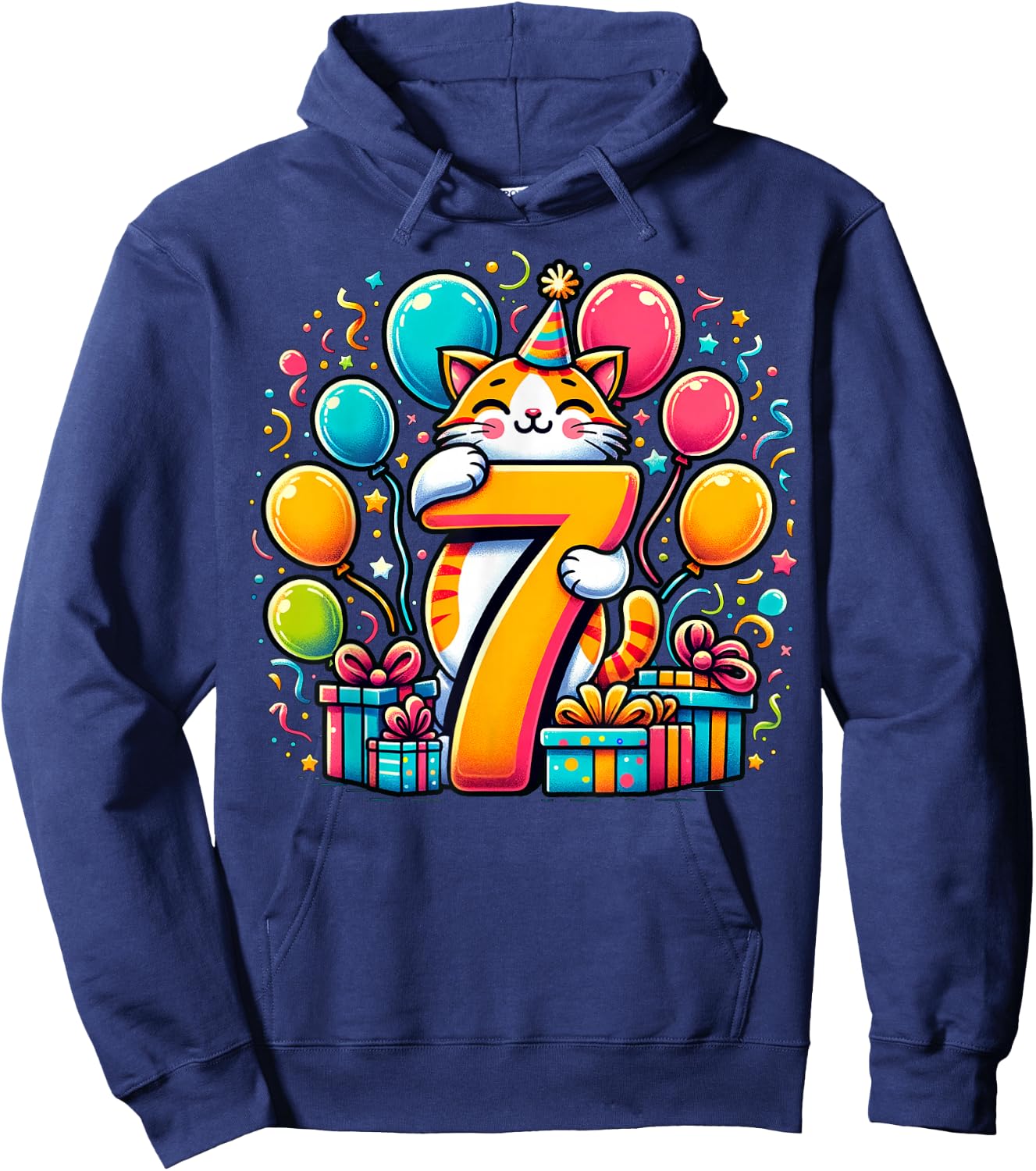 Cat 7th Birthday Boy Girl 7 Years Old Seventh Seven Cat , black Hoodie - Hoodie | Navy