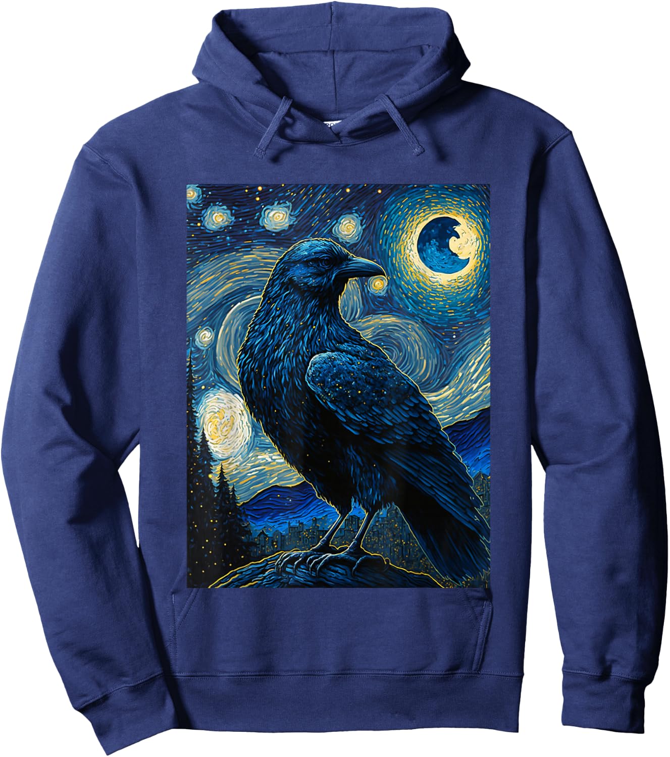 Raven Starry Night Style Painting, Van Gogh Crow Lover Hoodie - Hoodie | Navy