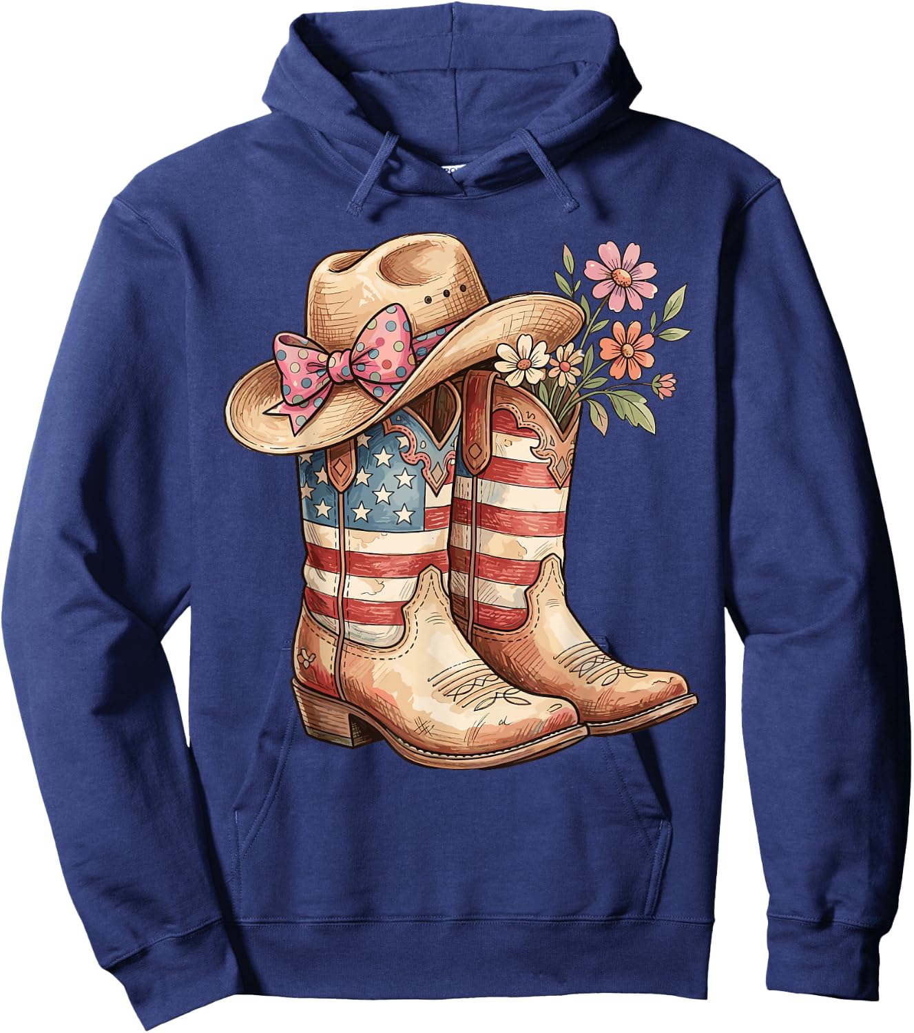Cowboy Boots Cowgirl American Flag Hat Western 4th of July Hoodie - Hoodie | Navy