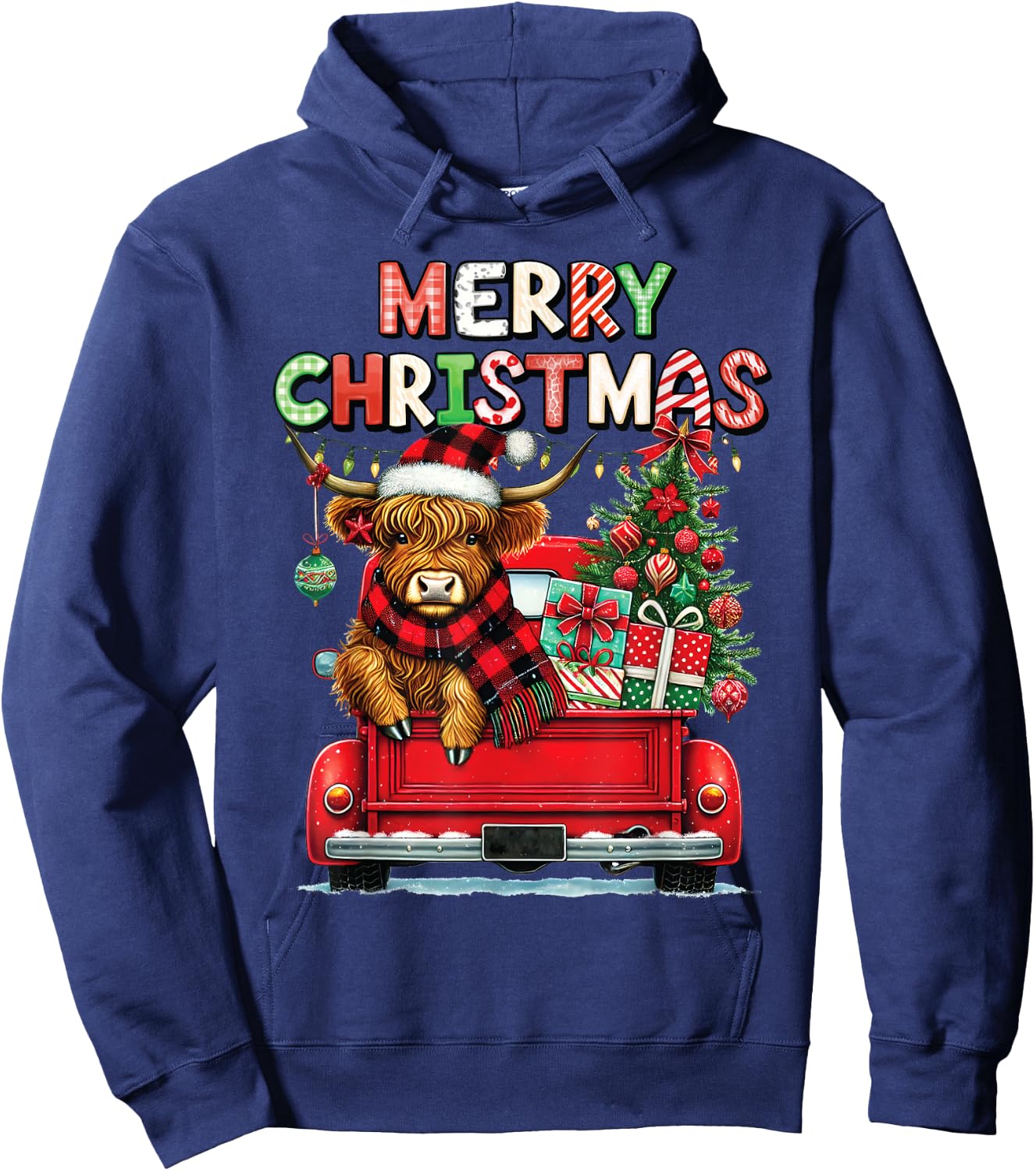 Merry Christmas Scottish Highland Cow Xmas Farm Animal Lover Hoodie - Hoodie | Navy