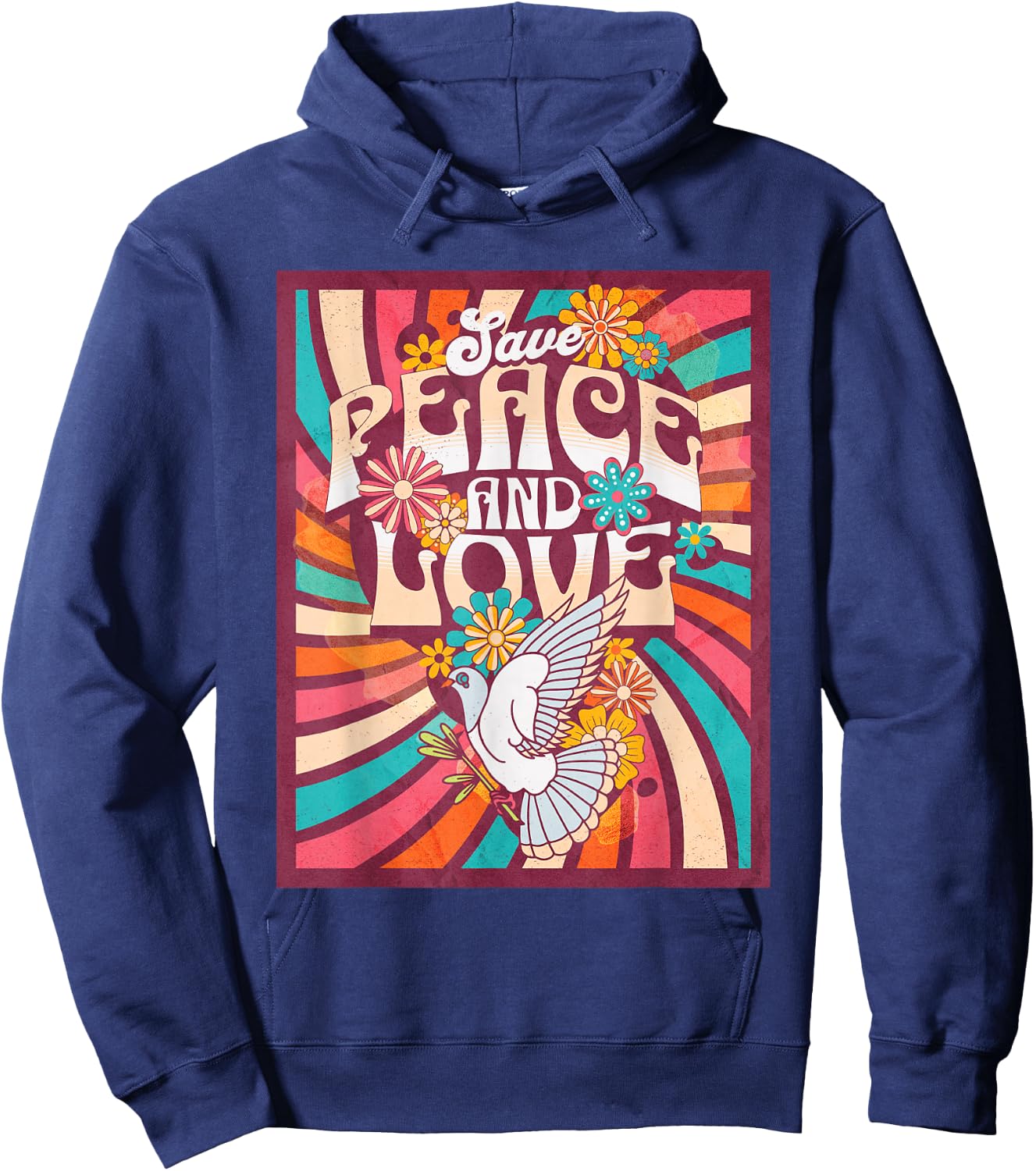 Save Peace and Love Retro Hippie Dove Floral Style 70s , Black, S Hoodie - Hoodie | Navy