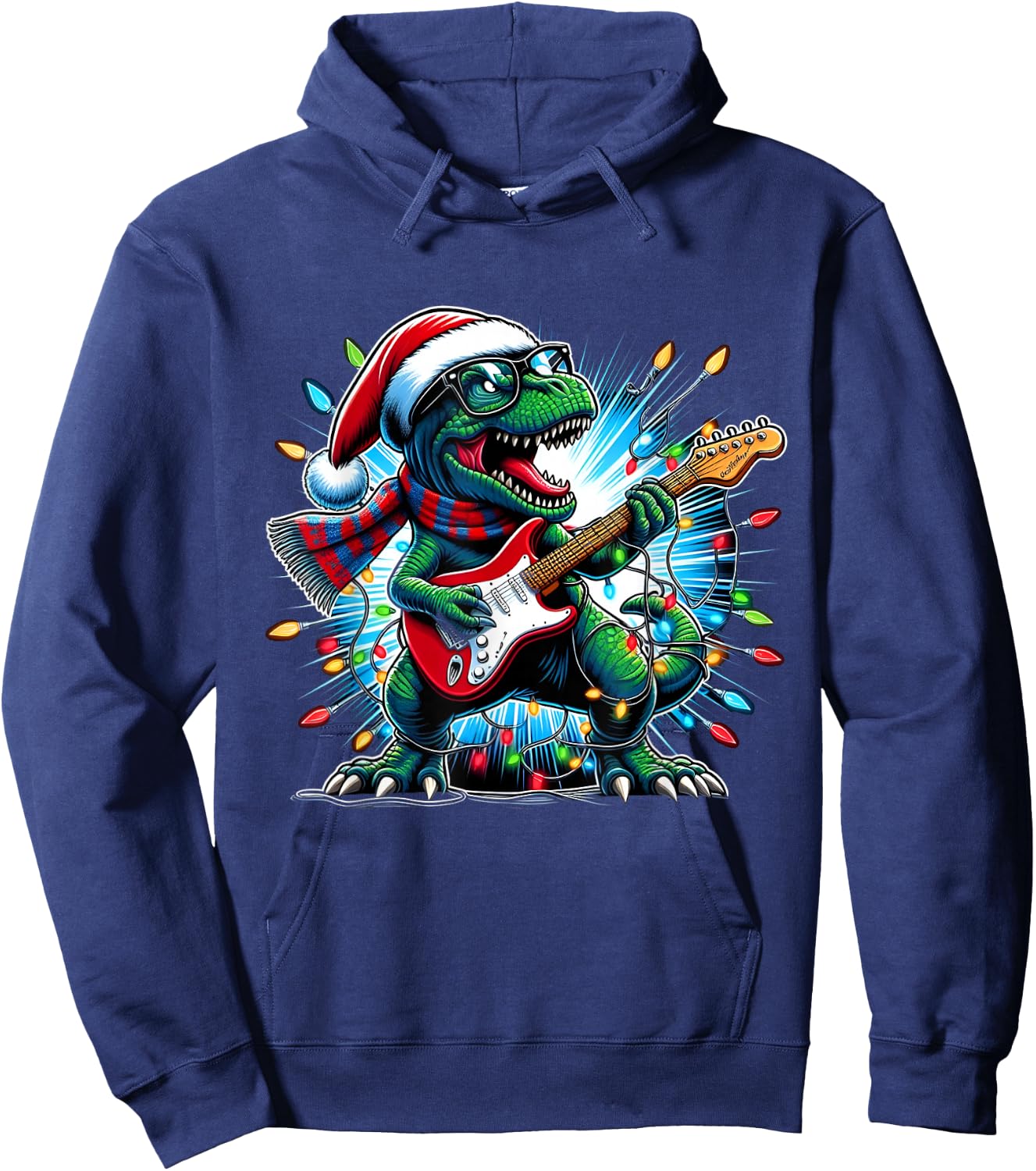 Dinosaur Guitar Player Xmas Funny Trex Dinosaur Christmas Hoodie - Hoodie | Navy