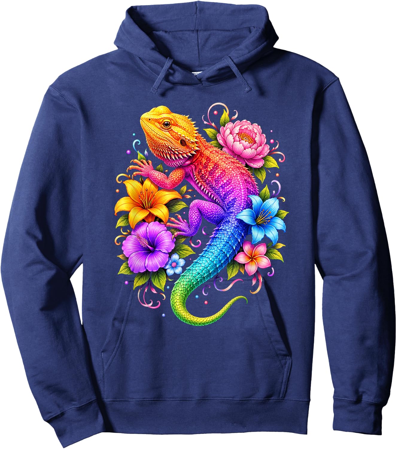 Colorful Floral Bearded Dragon Flowers Rainbow Women Girls Hoodie - Hoodie | Navy