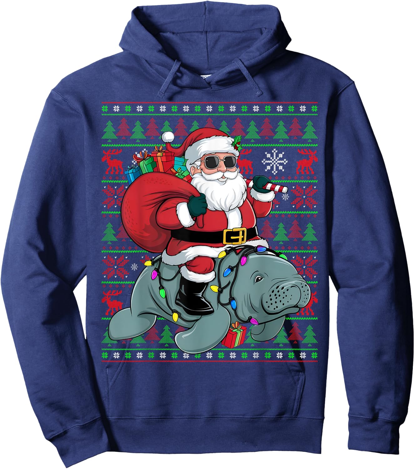 Ugly Xmas Lights Funny Santa Riding Manatee Christmas Hoodie - Hoodie | Navy