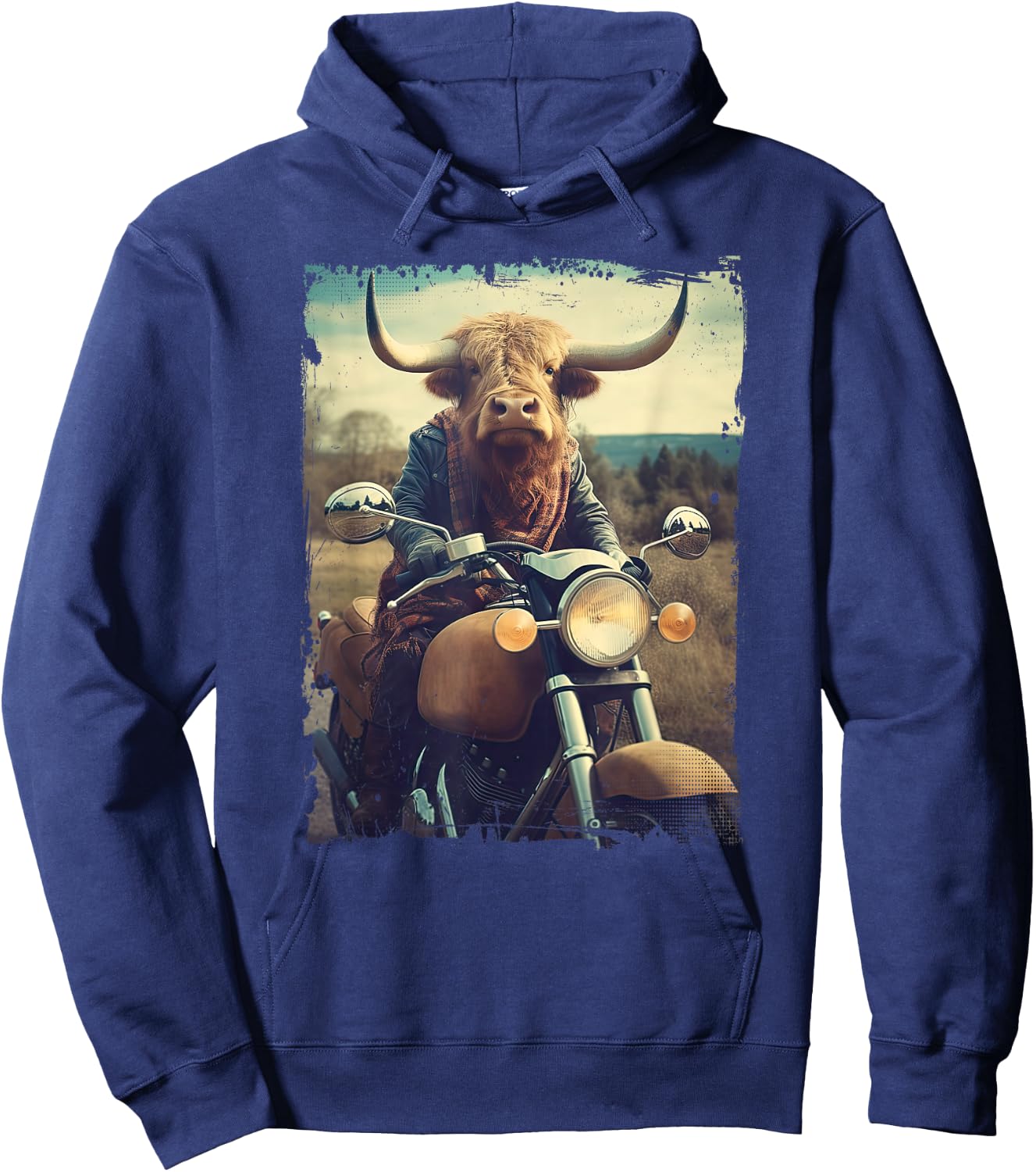 Scottish Highland Cow Cattle Hairy Cow Rides motorcycle men Hoodie - Hoodie | Navy