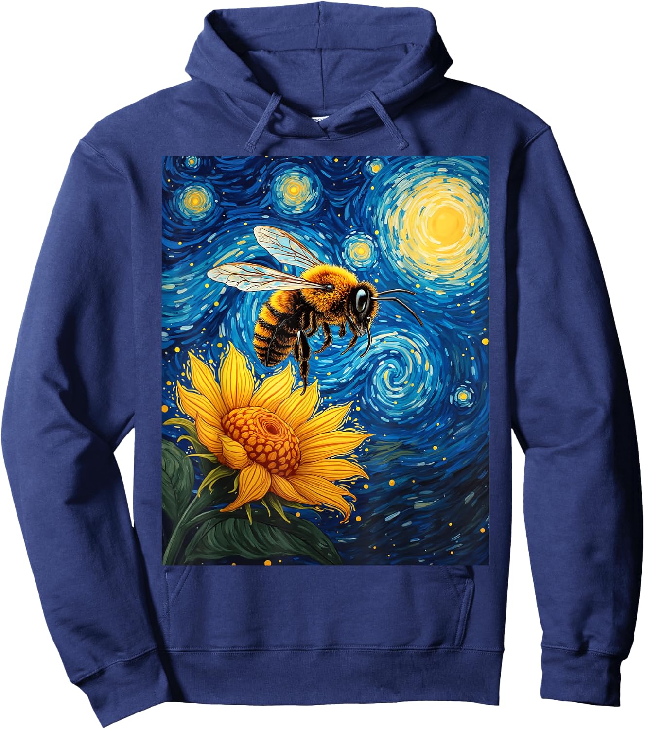 Van Gogh's Starry Night Bee Sunflower Nature Art Hoodie - Hoodie | Navy