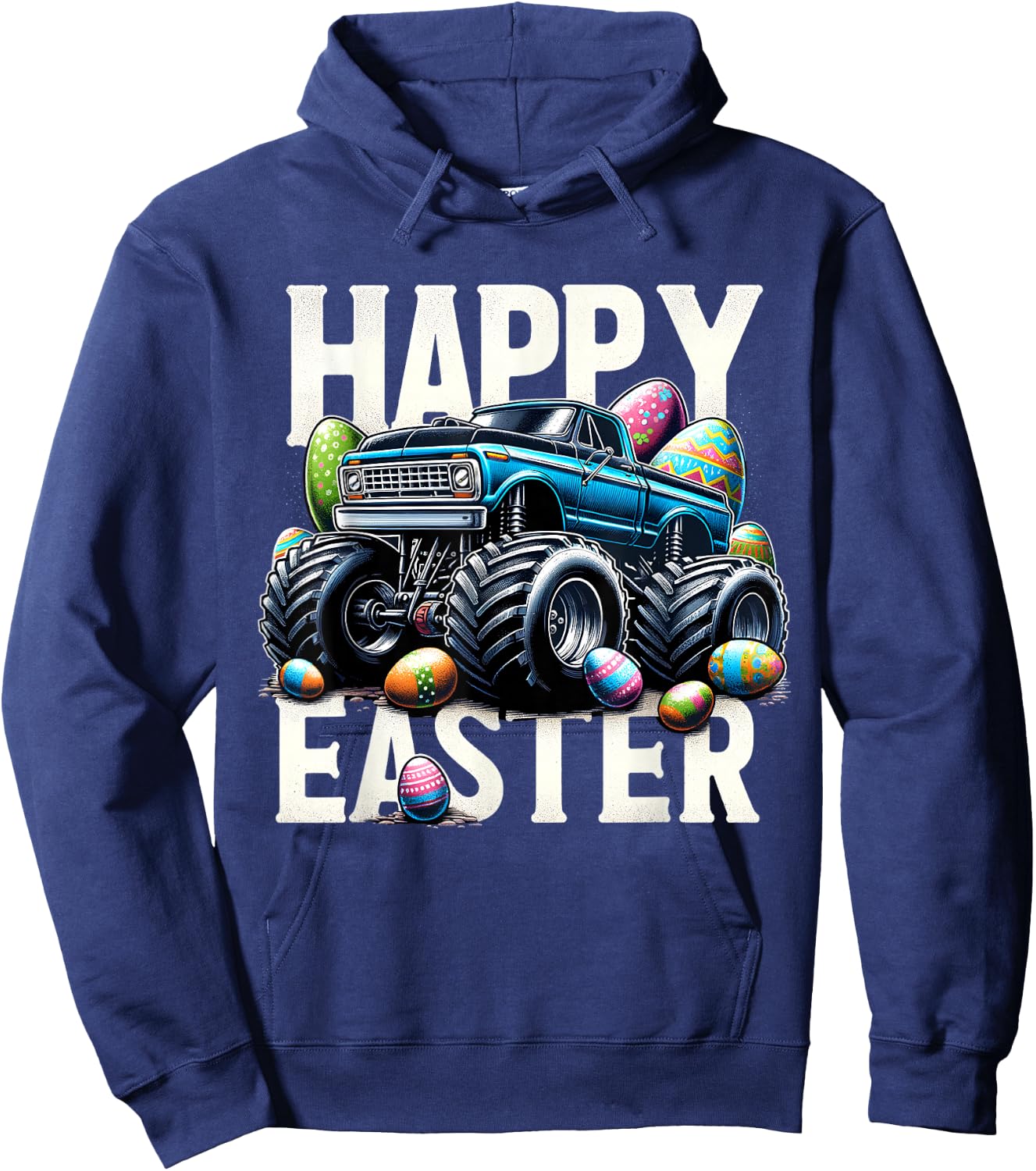 Boys Happy Easter Monster Truck Easter Eggs Hunt Toddler Kid Hoodie - Hoodie | Navy