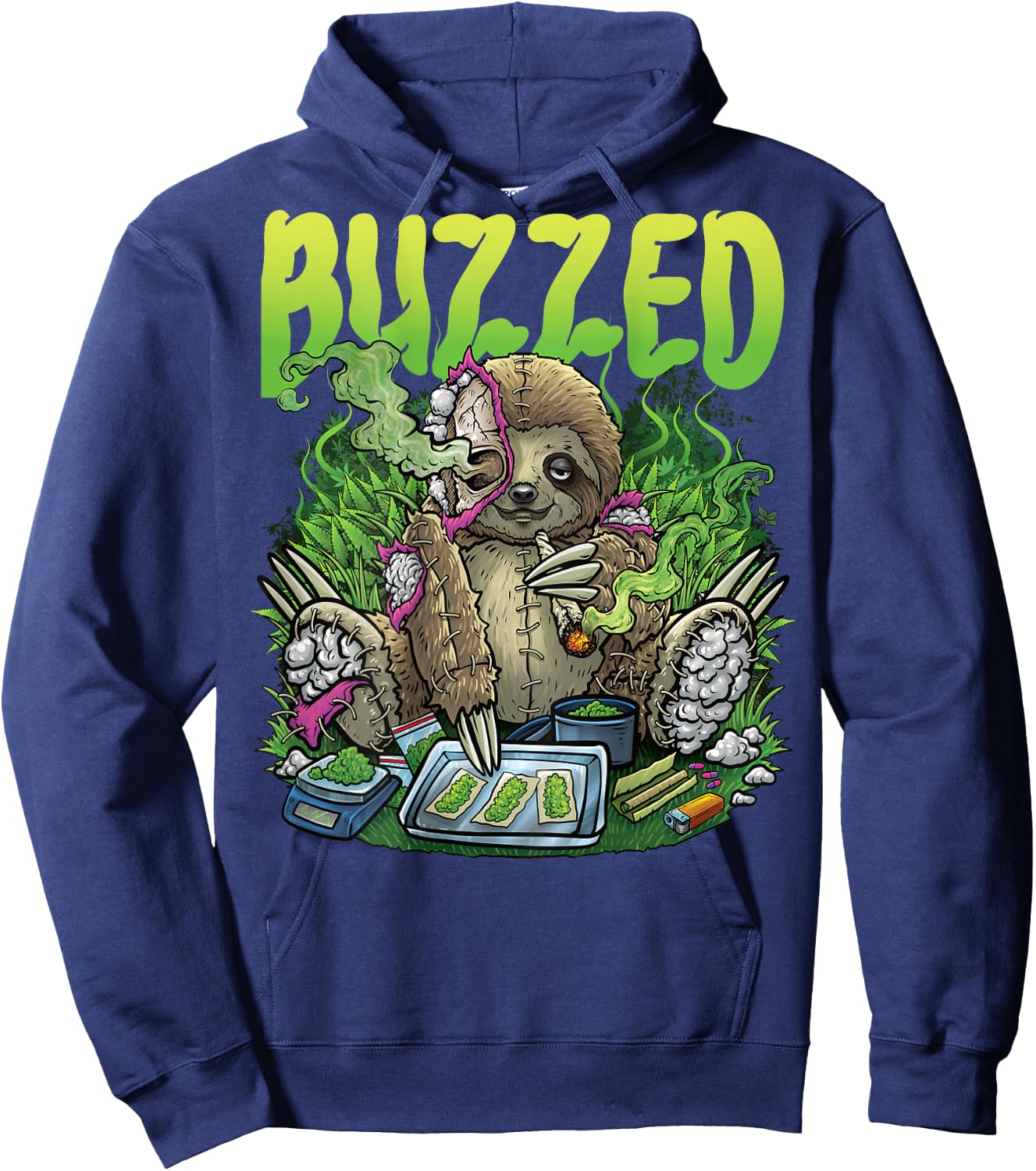 Weed Sloth Smoking Stoner Rave House Techno Outfit BACKPRINT Hoodie - Hoodie | Navy