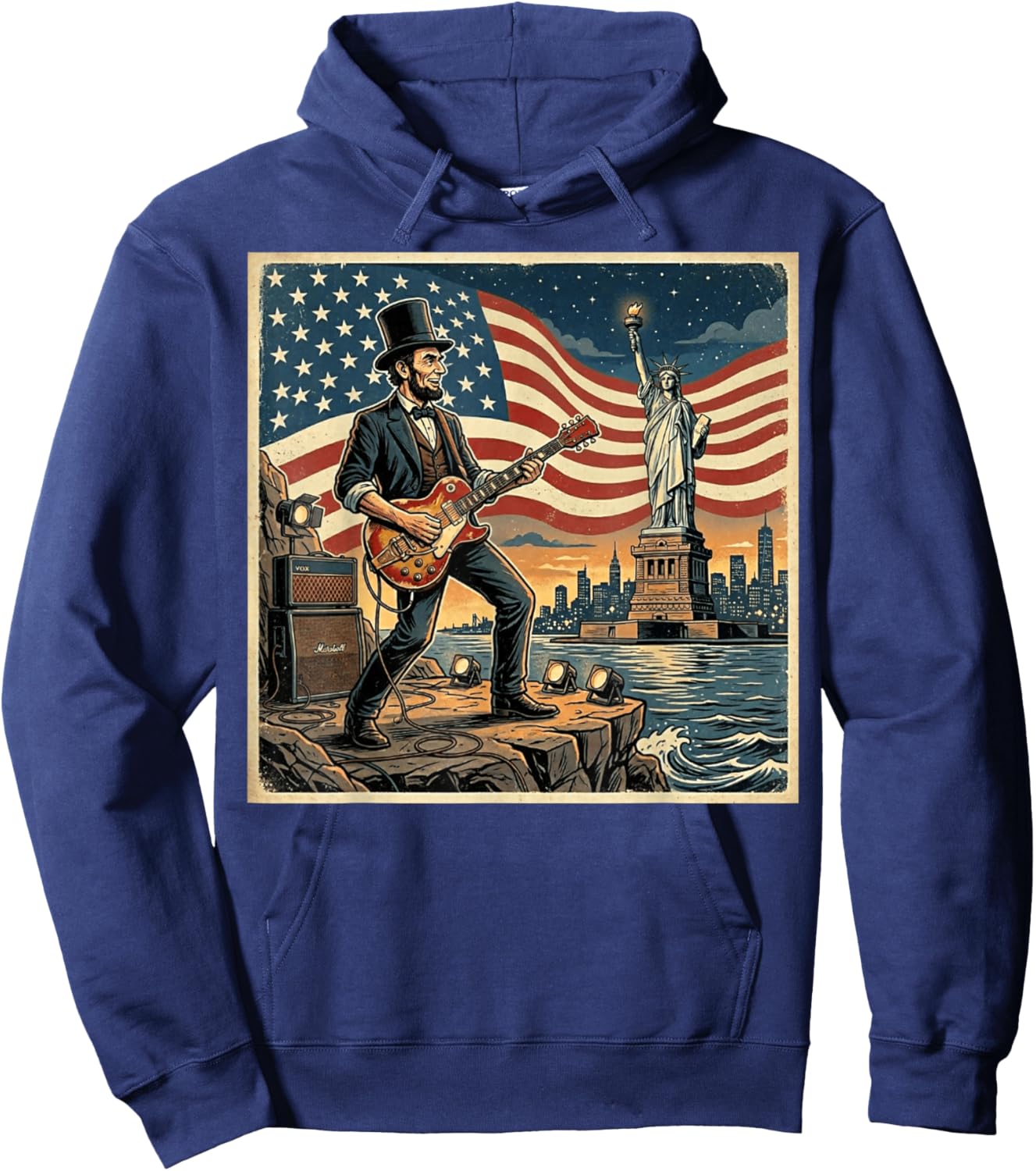 Abraham Lincoln Playing Electric Guitar 4th of July Retro Hoodie - Hoodie | Navy