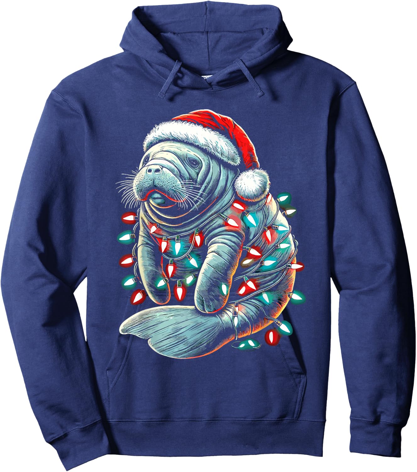 Manatee Santa Hat Christmas Lights Pajama Funny Xmas Hoodie - Hoodie | Navy