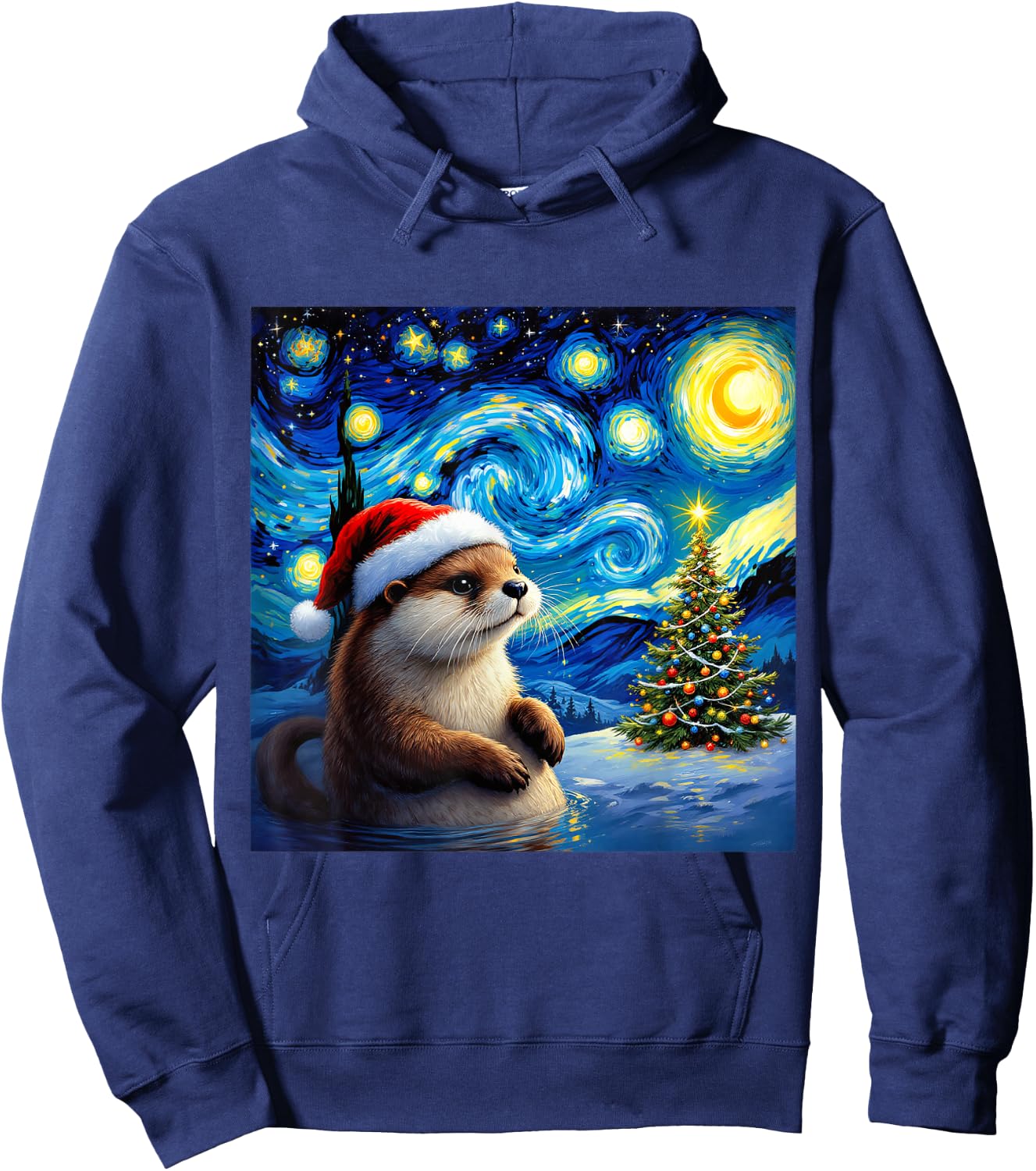 Christmas Otter Santa Hat Van Gogh Starry Night Holiday Hoodie - Hoodie | Navy