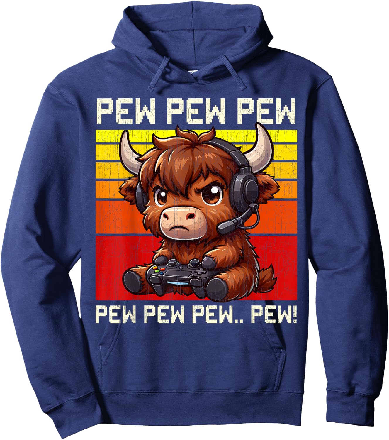 Highland Cow Gamer Pew Funny Video Games Vintage Boys Men Hoodie - Hoodie | Navy
