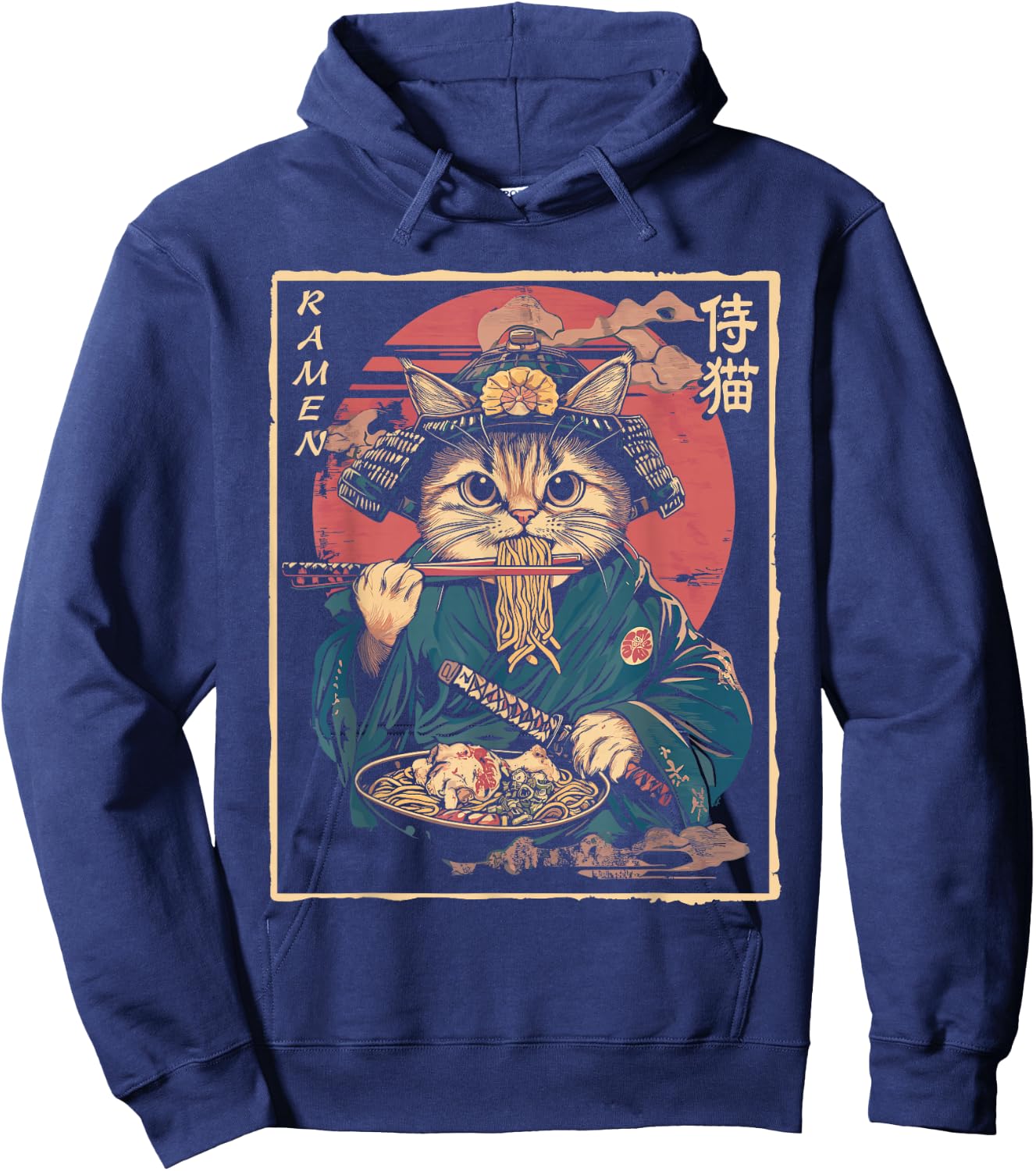 Japanese Samurai Ninja Cat Eating Ramen Hoodie - Hoodie | Navy