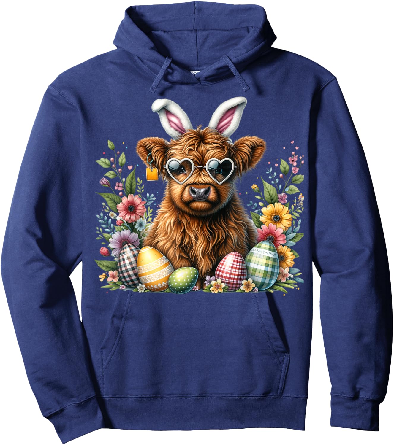 Highland Cow Easter Bunny Moo Basket Egg Hunt Gingham Floral Hoodie - Hoodie | Navy