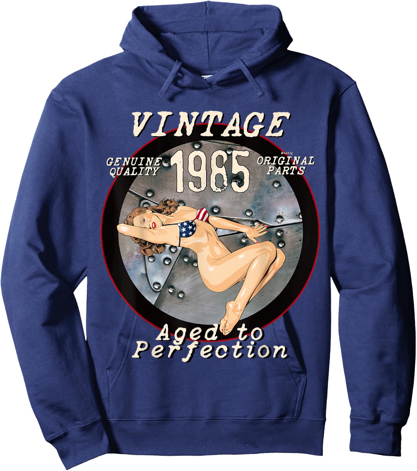 1985 Bomber Nose Art Hot Pinup 36th Birthday Gift Distressed Hoodie - Hoodie | Navy