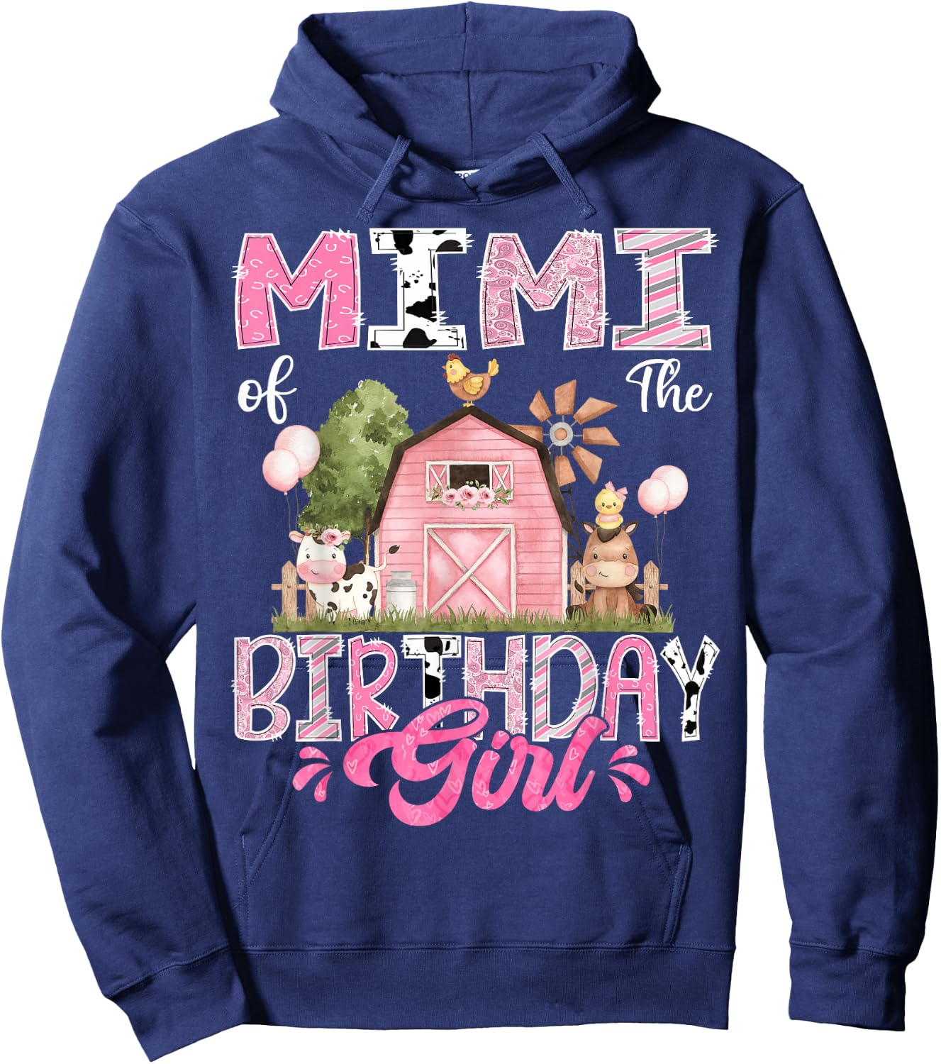 Mimi Of The Birthday Girl 1St Birthday Pink Cow Farm Hoodie - Hoodie | Navy