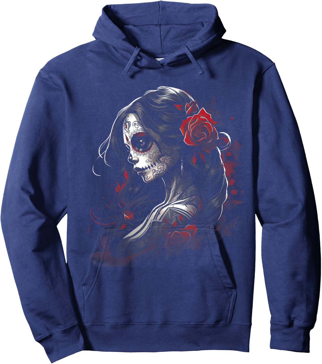 Tag der Toten Zuckerschädel Kunst Rose Mexikanisch Damen , Schwarz, S, Kurzarm, Kunstvolle Designs und klassischer Schnitt Hoodie - Hoodie | Navy