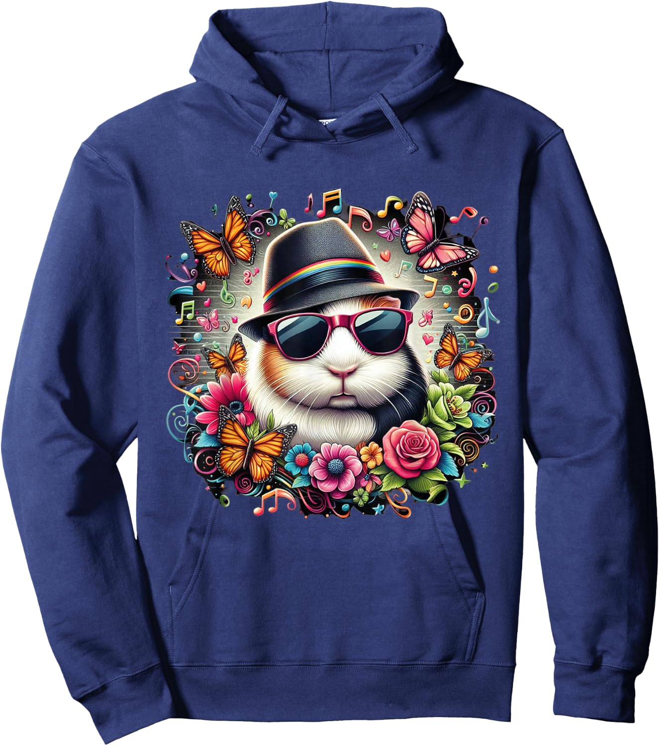 guinea pig wearing sunglasses and a hat colorful Butterflies Hoodie - Hoodie | Navy