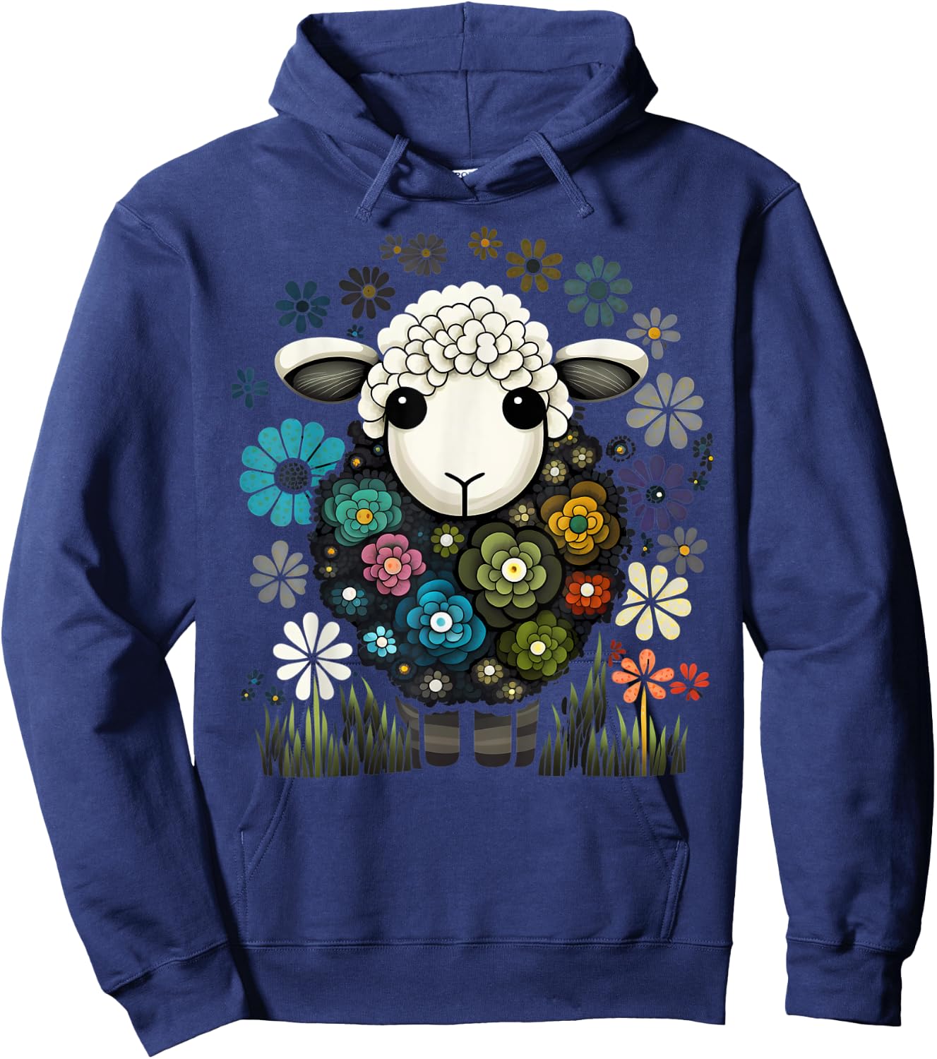 Colorful Sheep Cartoon Flower Garden Cute Farm Animals Black Hoodie - Hoodie | Navy
