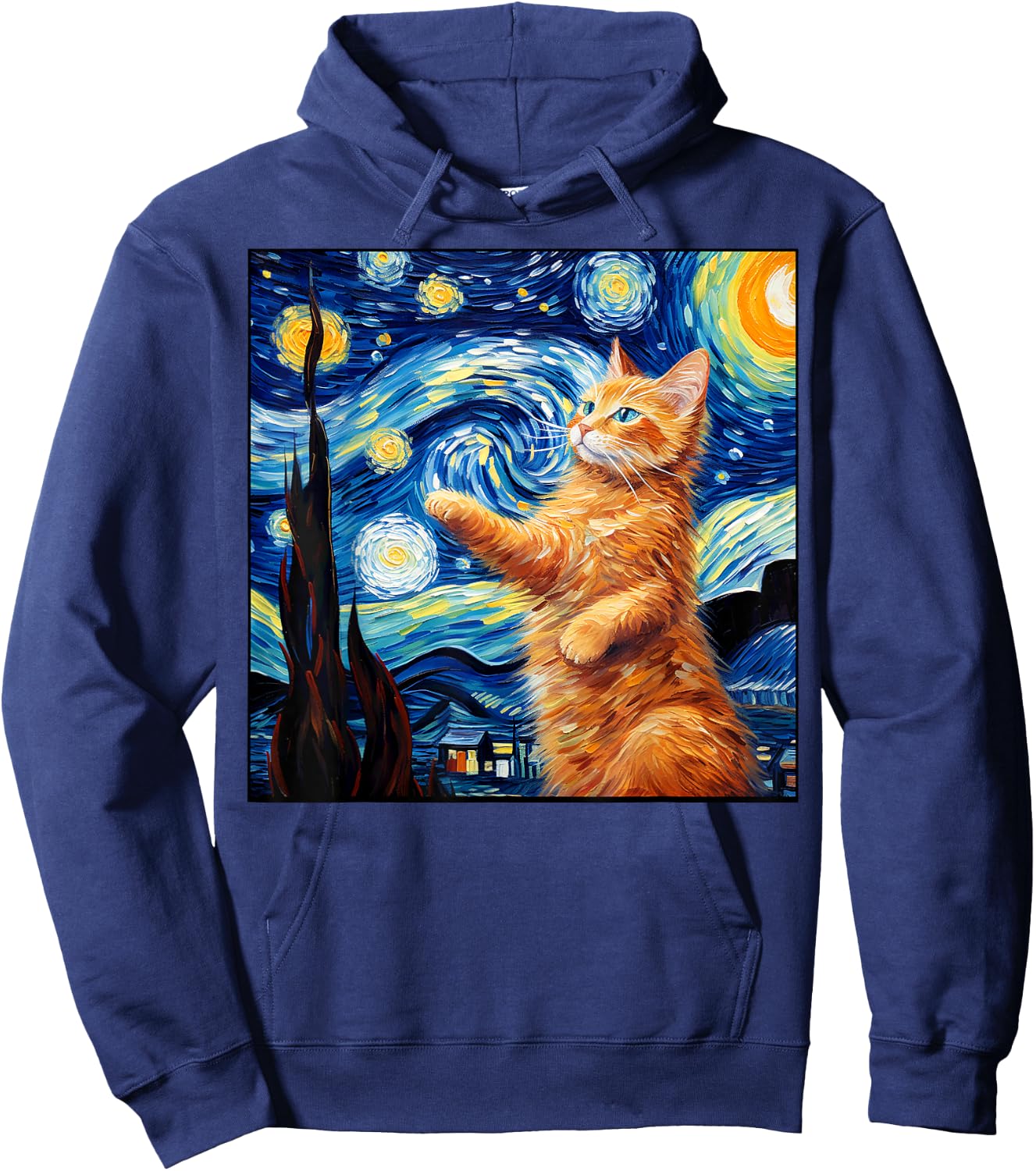 Art Van Gogh Starry Night Cat Painting Cats Lover Mom Dad Hoodie - Hoodie | Navy