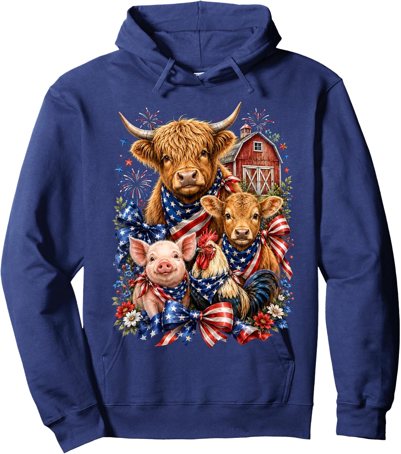 Patriotic Farm Animals 4th of July Barn Cow Pig Chicken Bow Hoodie - Hoodie | Navy