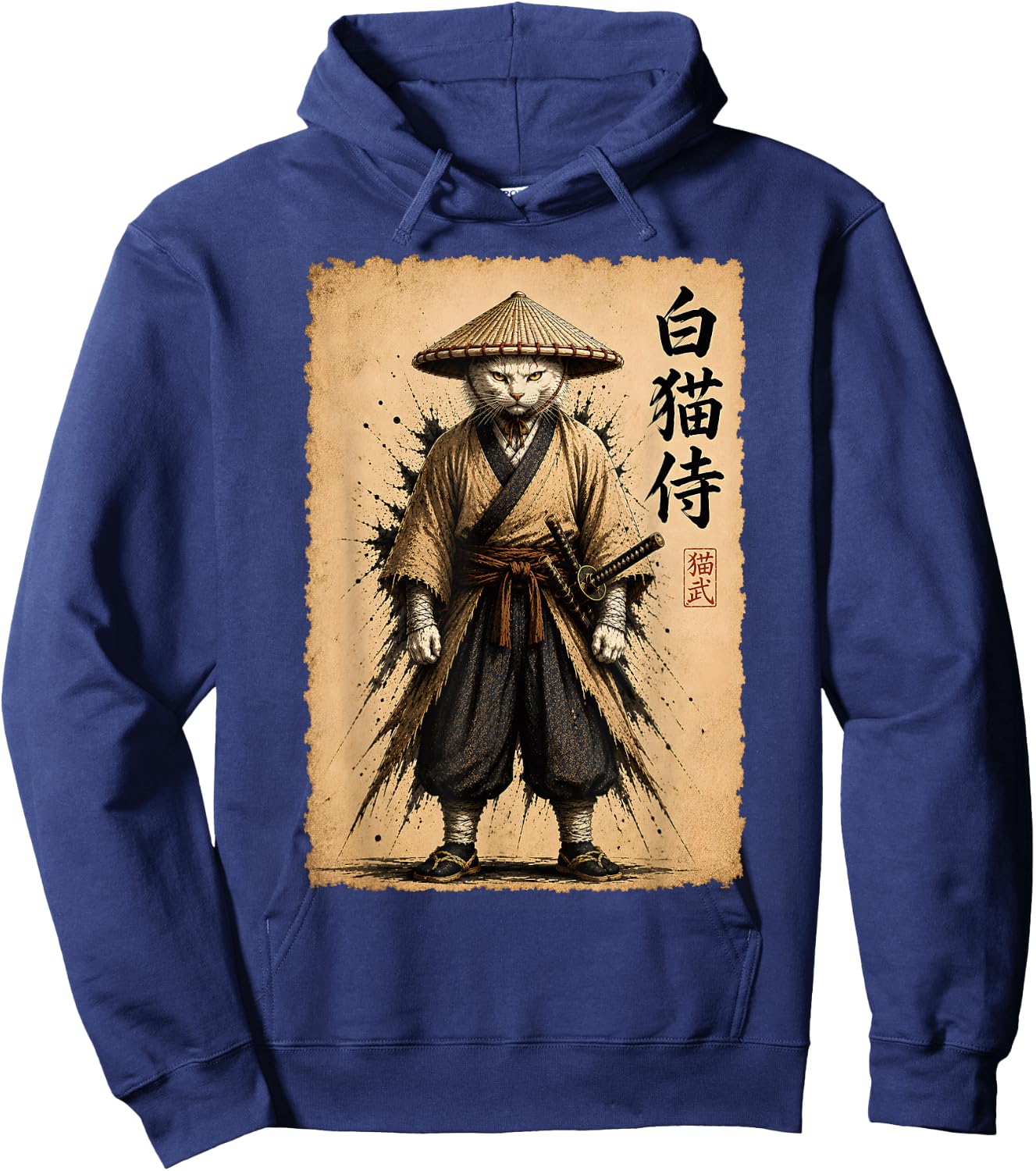 White Samurai Cat Warrior Japanese Anime Arts Vintage Poster Hoodie - Hoodie | Navy