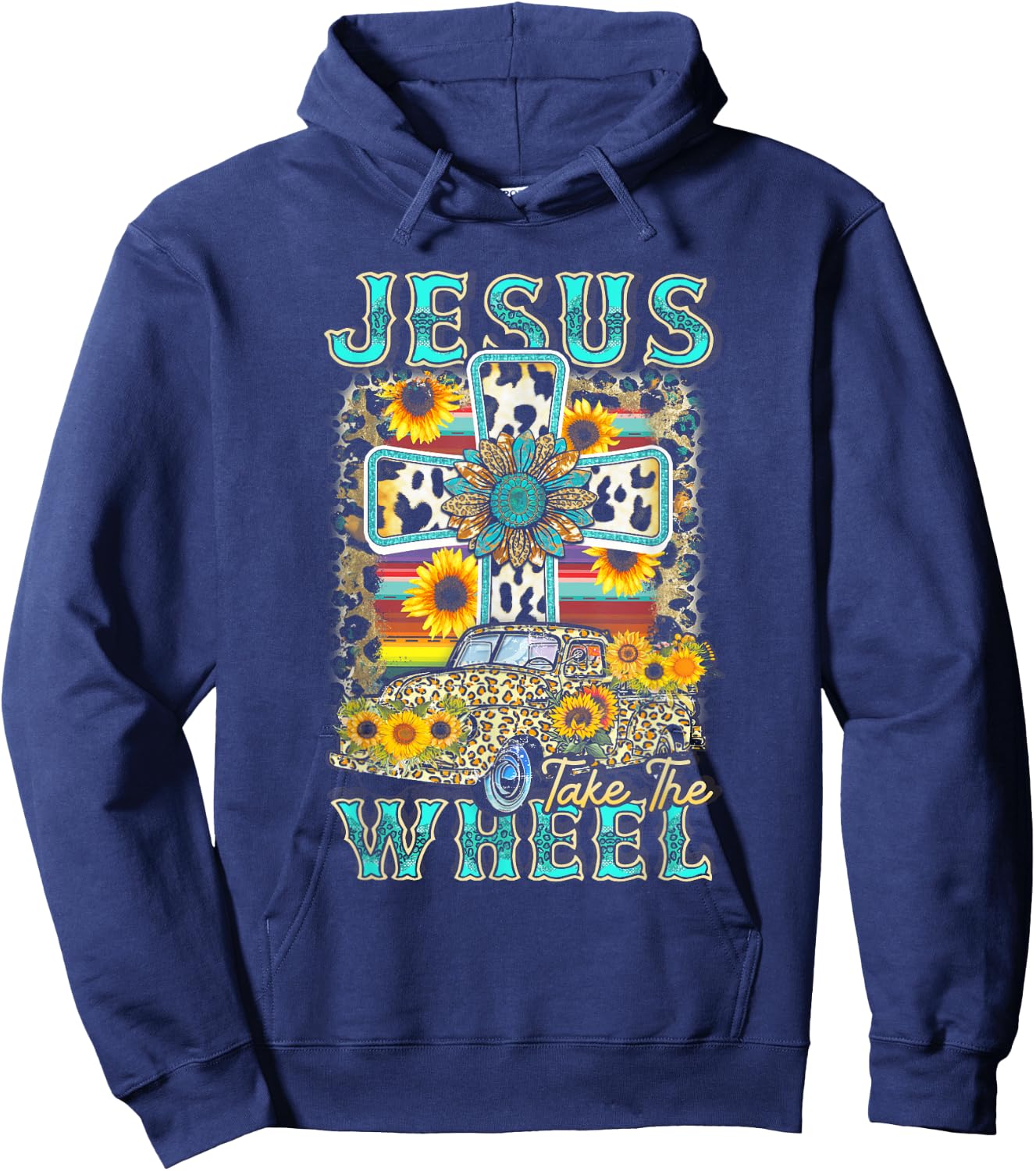 Sunflower Jesus Take The Wheel Christian Leopard Faith Cross Hoodie - Hoodie | Navy