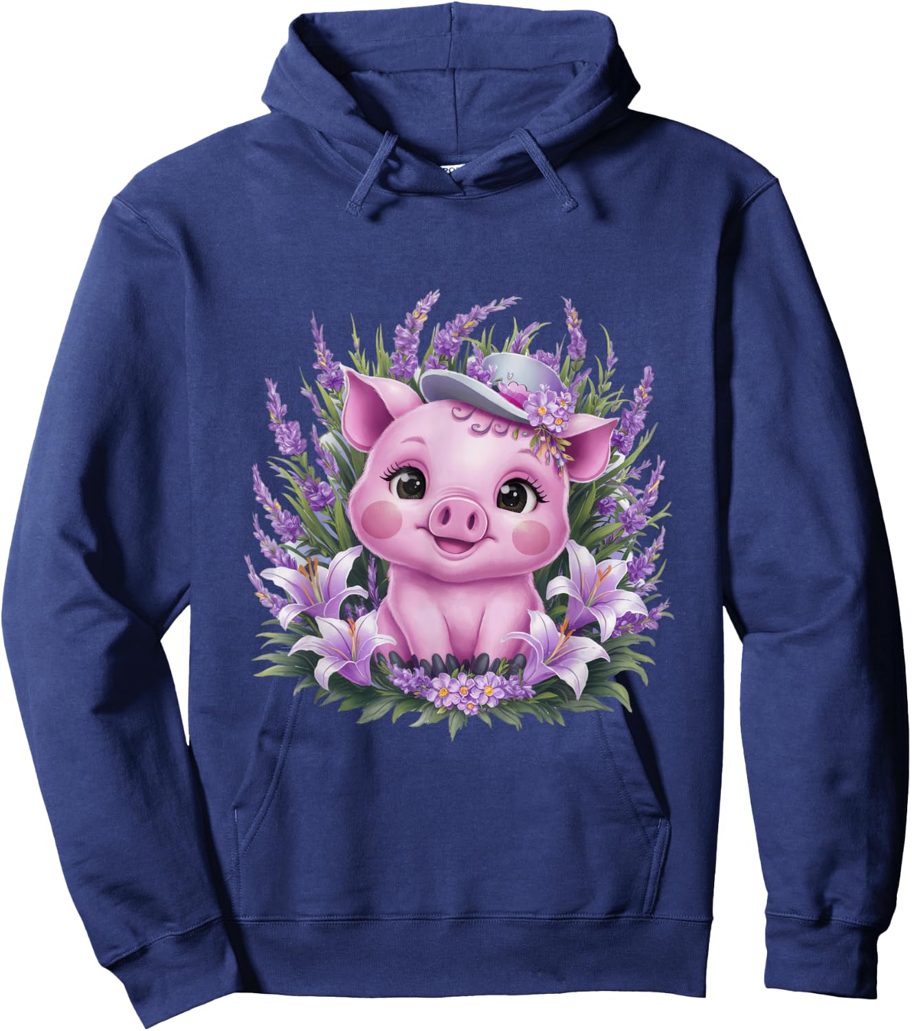 Pig in kawaii cartoon style with lavender and lilies Hoodie - Hoodie | Navy