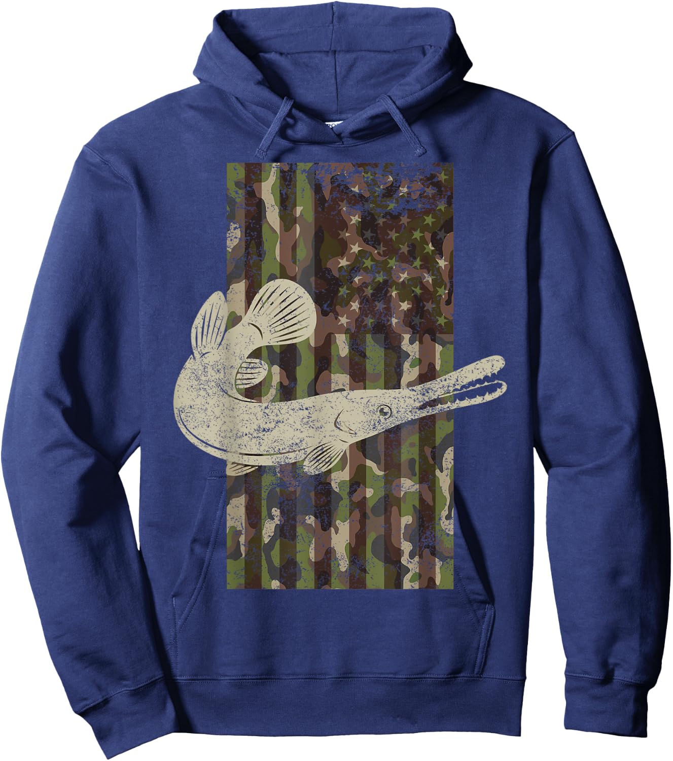 Camo US Flag American Alligator Gar Fishing Hoodie - Hoodie | Navy