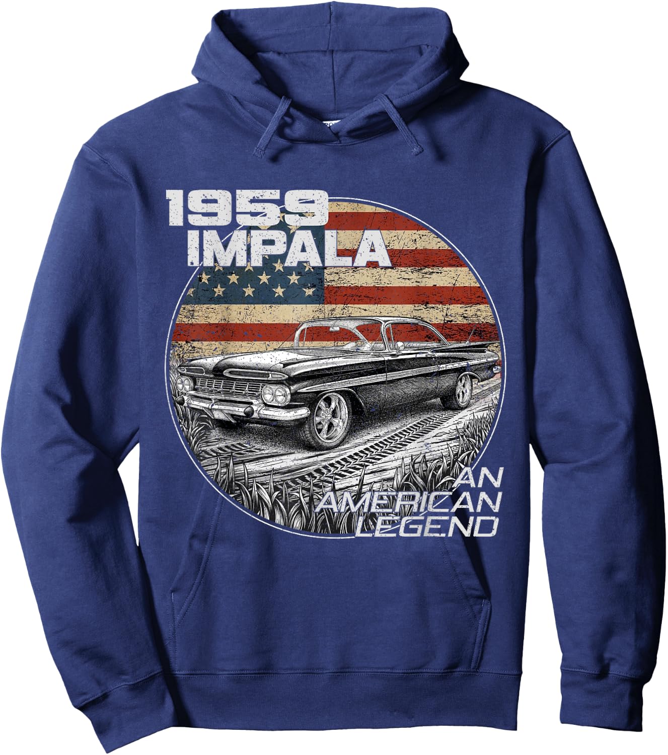 1959 59 Impala Old School Muscle Car American Flag Hoodie - Hoodie | Navy