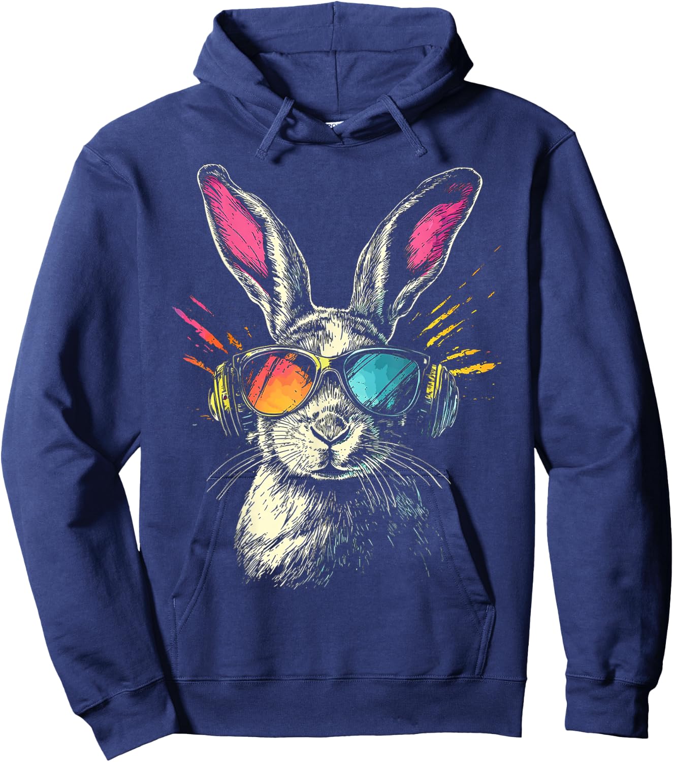 Rabbit Animal Motif Music Headphones Sunglasses Rabbit , black Hoodie - Hoodie | Navy