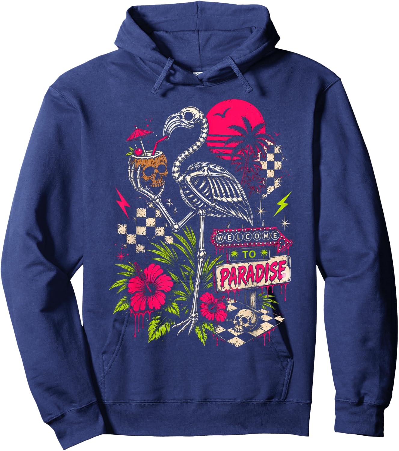Welcome to Paradise Goth Summer Skeleton Flamingo Sunset Hoodie - Hoodie | Navy