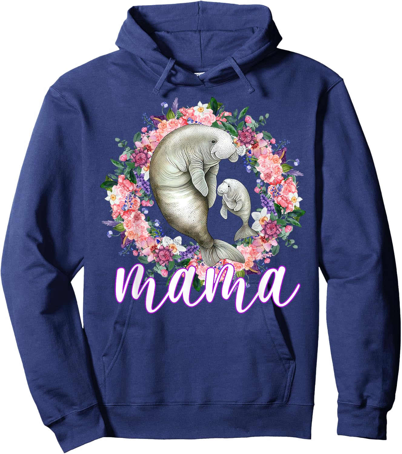 Flowers Mom Cute Baby Manatee - Sea Animal Mama Mother's Day Hoodie - Hoodie | Navy
