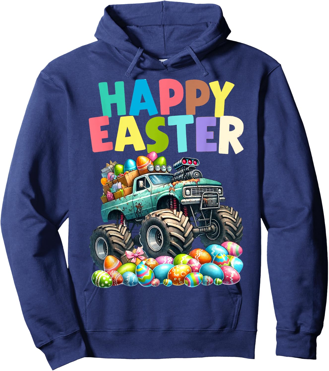Boys Happy Easter Monster Truck Easter Eggs Hunt Toddler Kid Hoodie - Hoodie | Navy