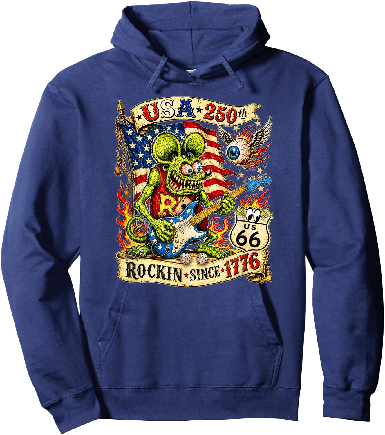 USA 250th Rat Fink US Highway 66 Guitar Flag Dice Ace Retro Hoodie - Hoodie | Navy