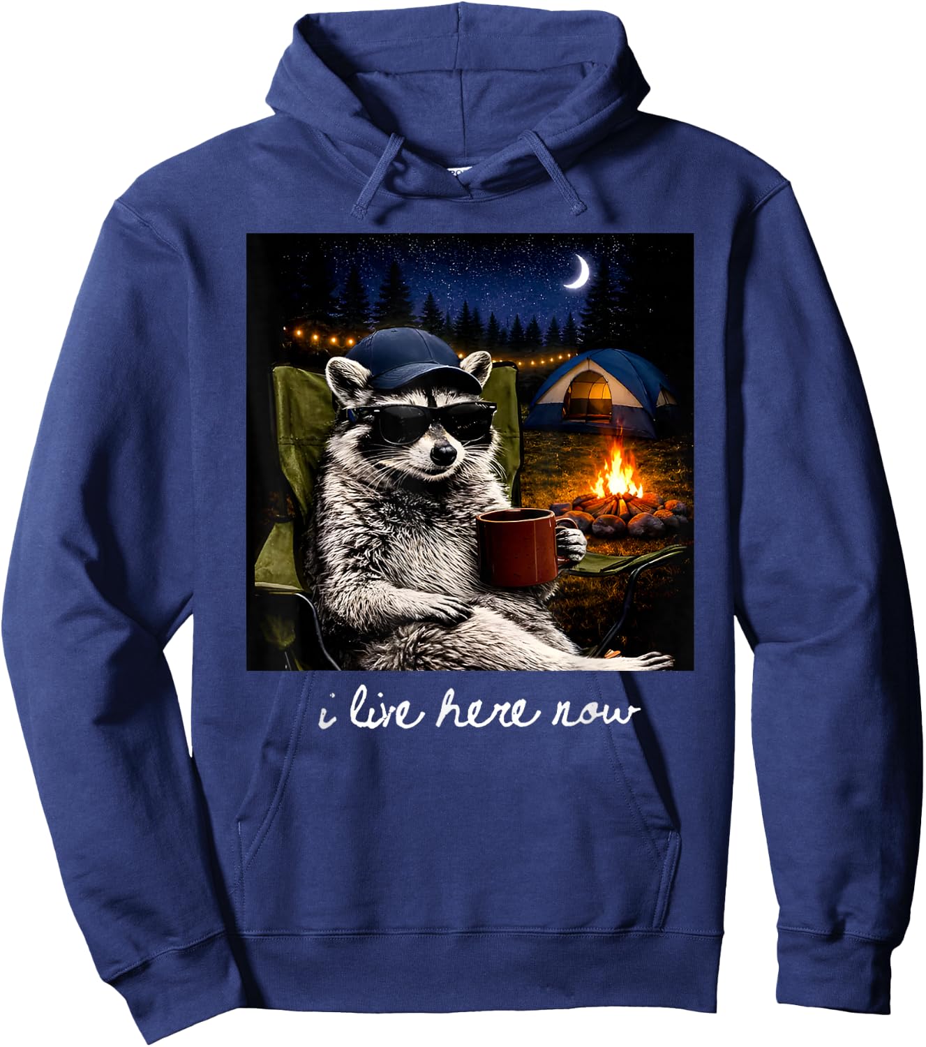 Camping Raccoon Funny Camping Crew Campfire I Live Here Now Hoodie - Hoodie | Navy