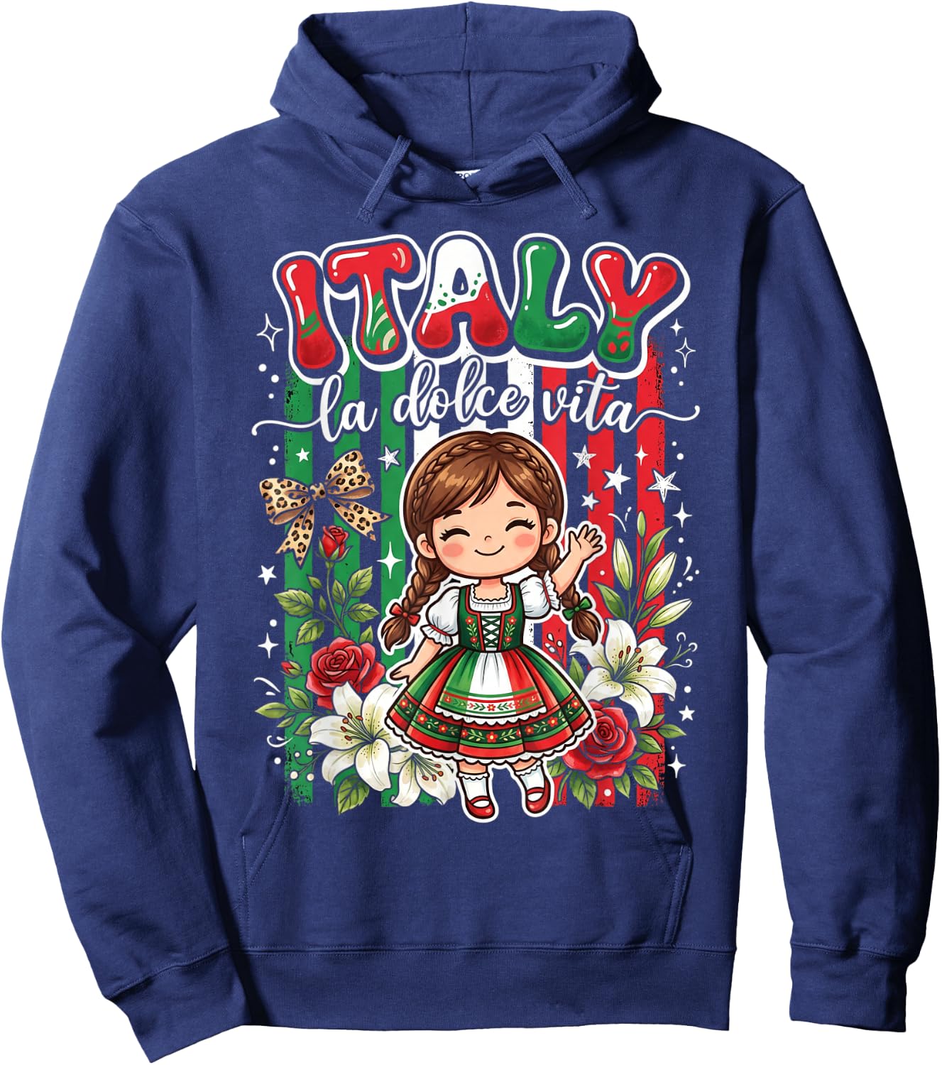 Cute Italy Girl Traditional Dress with Flowers for Kids Girl Hoodie - Hoodie | Navy