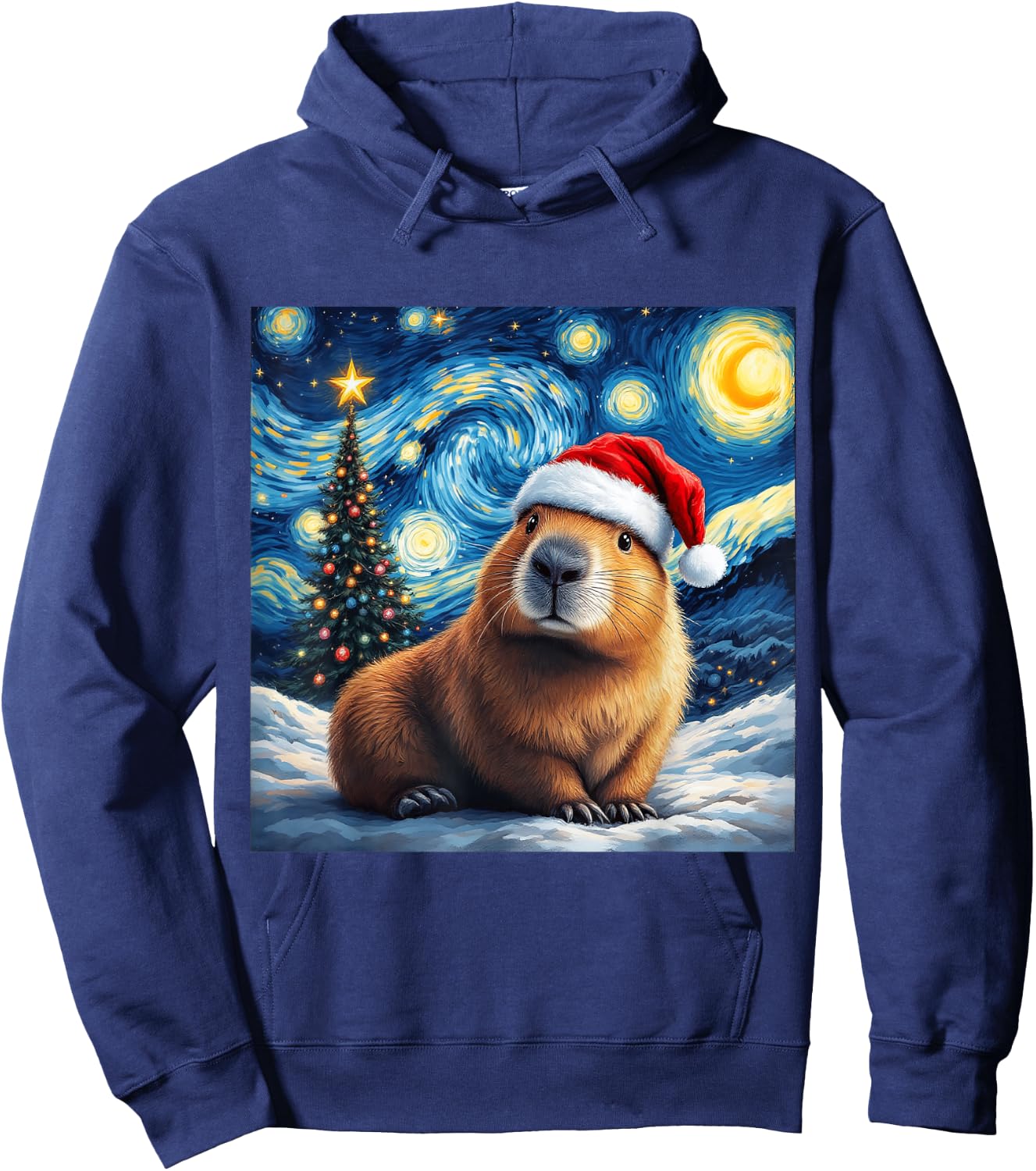 Christmas Capybara Santa Hat Van Gogh Starry Night Holiday Hoodie - Hoodie | Navy