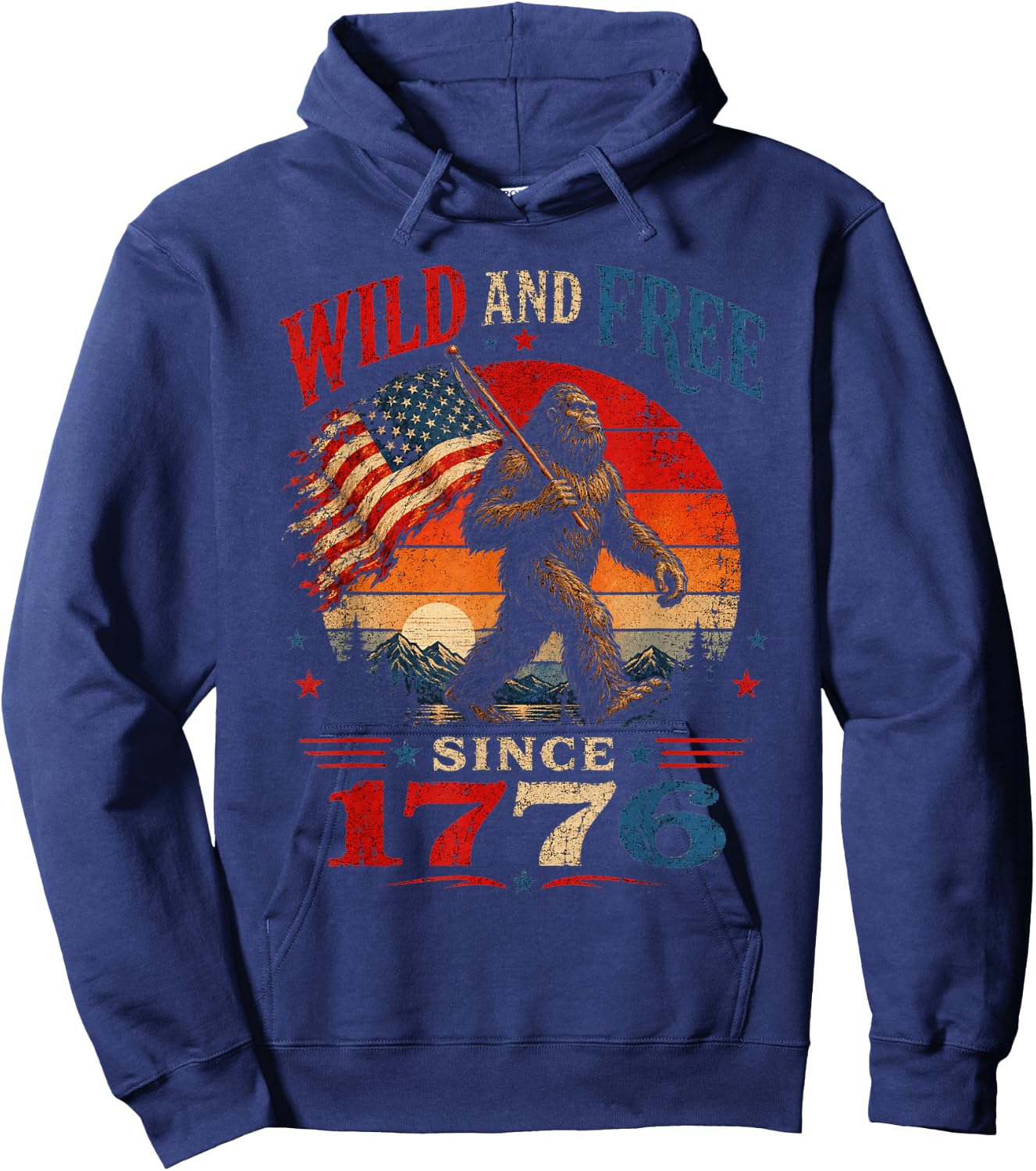 Patriotic Bigfoot Wild and Free Since 1776 American Flag Hoodie - Hoodie | Navy