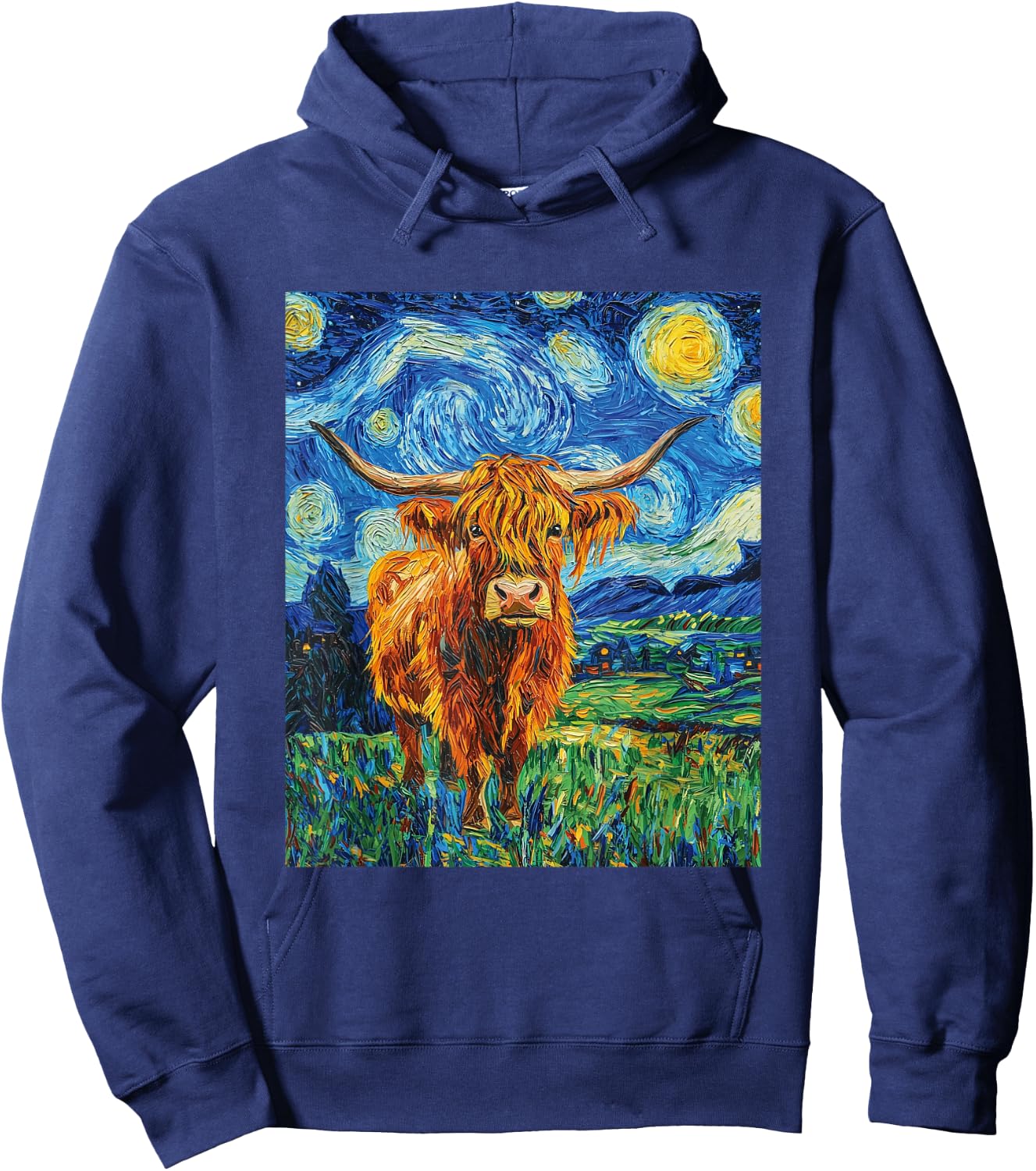 Funny Highland Cow Graphic Van Gogh Style Starry Night Hoodie - Hoodie | Navy