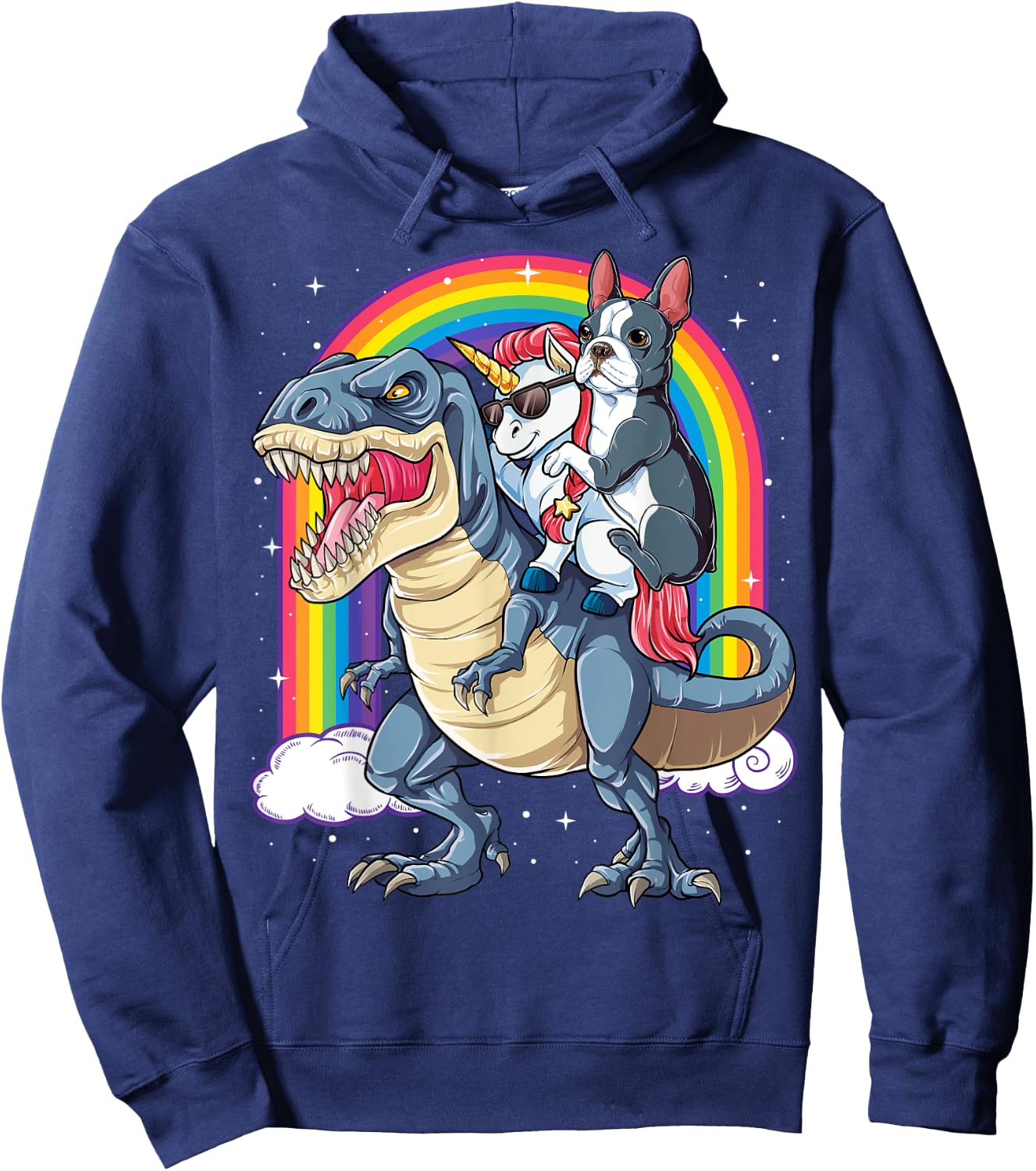 Boston Terrier Unicorn Riding Dinosaur T-rex Gift Boys Girls Hoodie - Hoodie | Navy